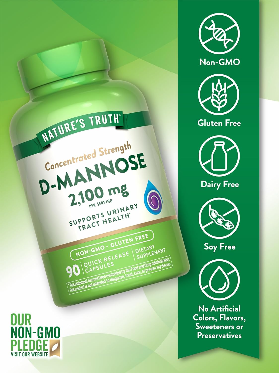 Nature’s Truth Cápsulas de D-manosa  2100 mg  90 píldoras  Suplemento sin OMG y sin gluten