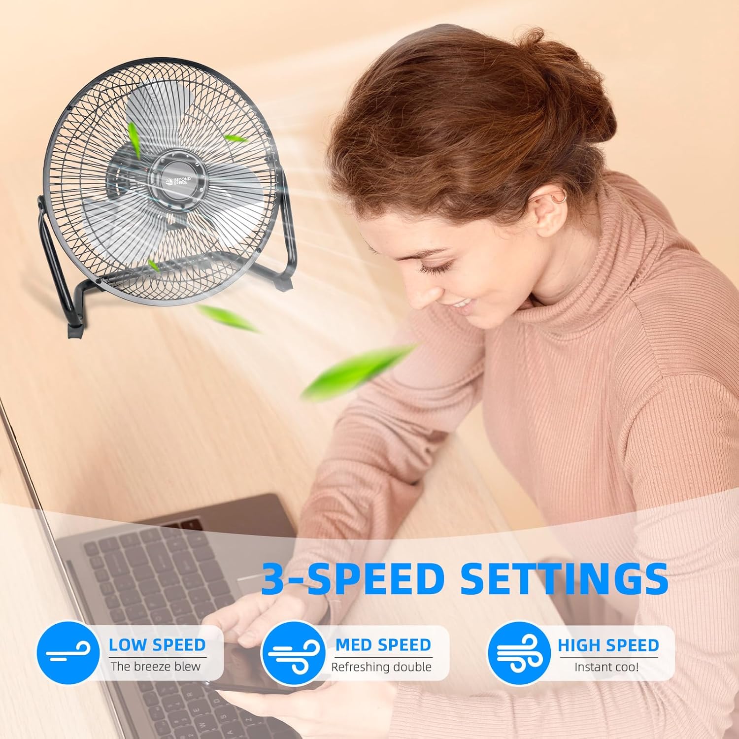 Ventilador de suelo de 9 pulgadas, 3 velocidades, resistente, pequeño, totalmente metálico, con inclinación ajustable para escritorio, mesa, oficina