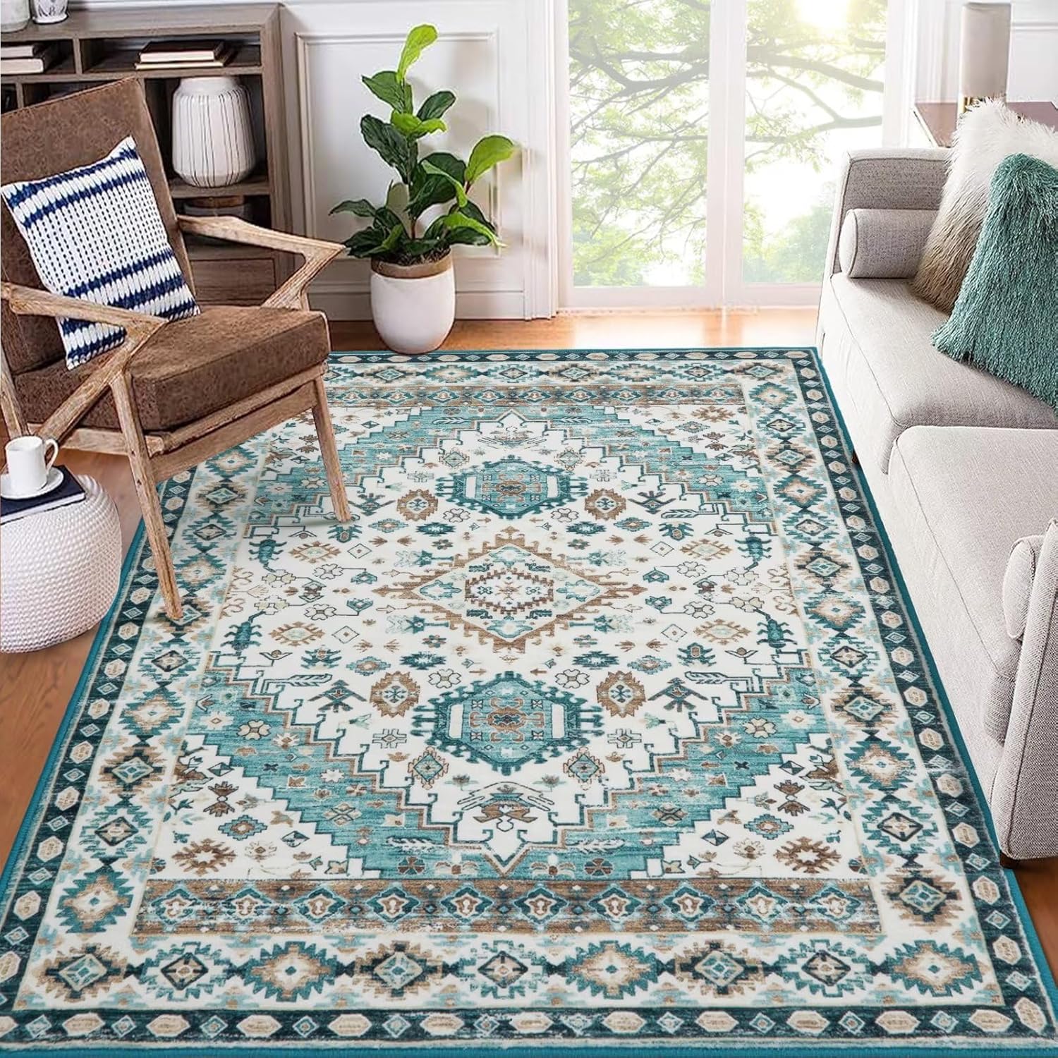 COZYLOOM Alfombra vintage de estilo bohemio de 4 x 6 pies, lavable, con estampado floral oriental, antideslizante, con medallón, suave, plegable,