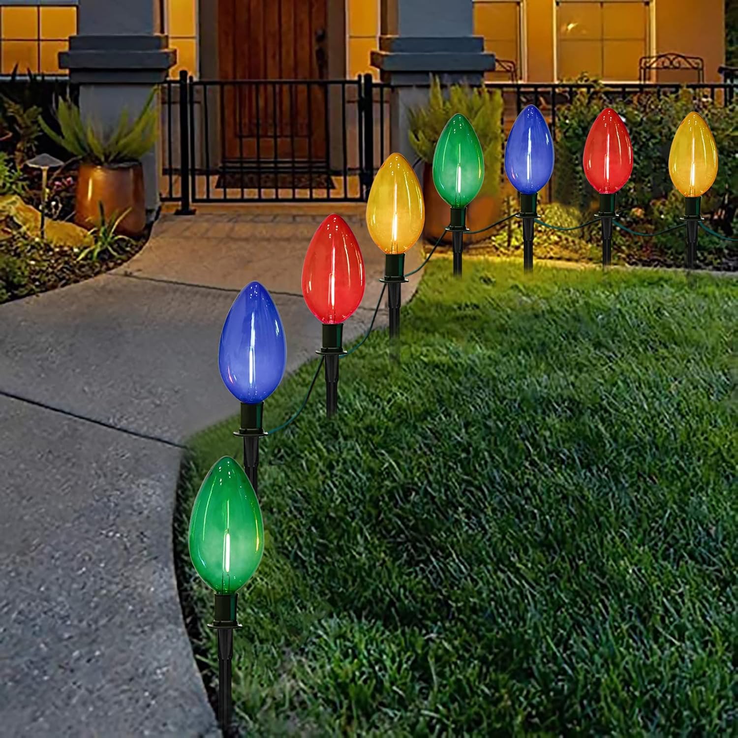 Luces de camino multicolor C9, 2 juegos de luces de 7 pies para exteriores con 8 bombillas LED multicolor C9 gigantes, luces de pasillo de Navidad