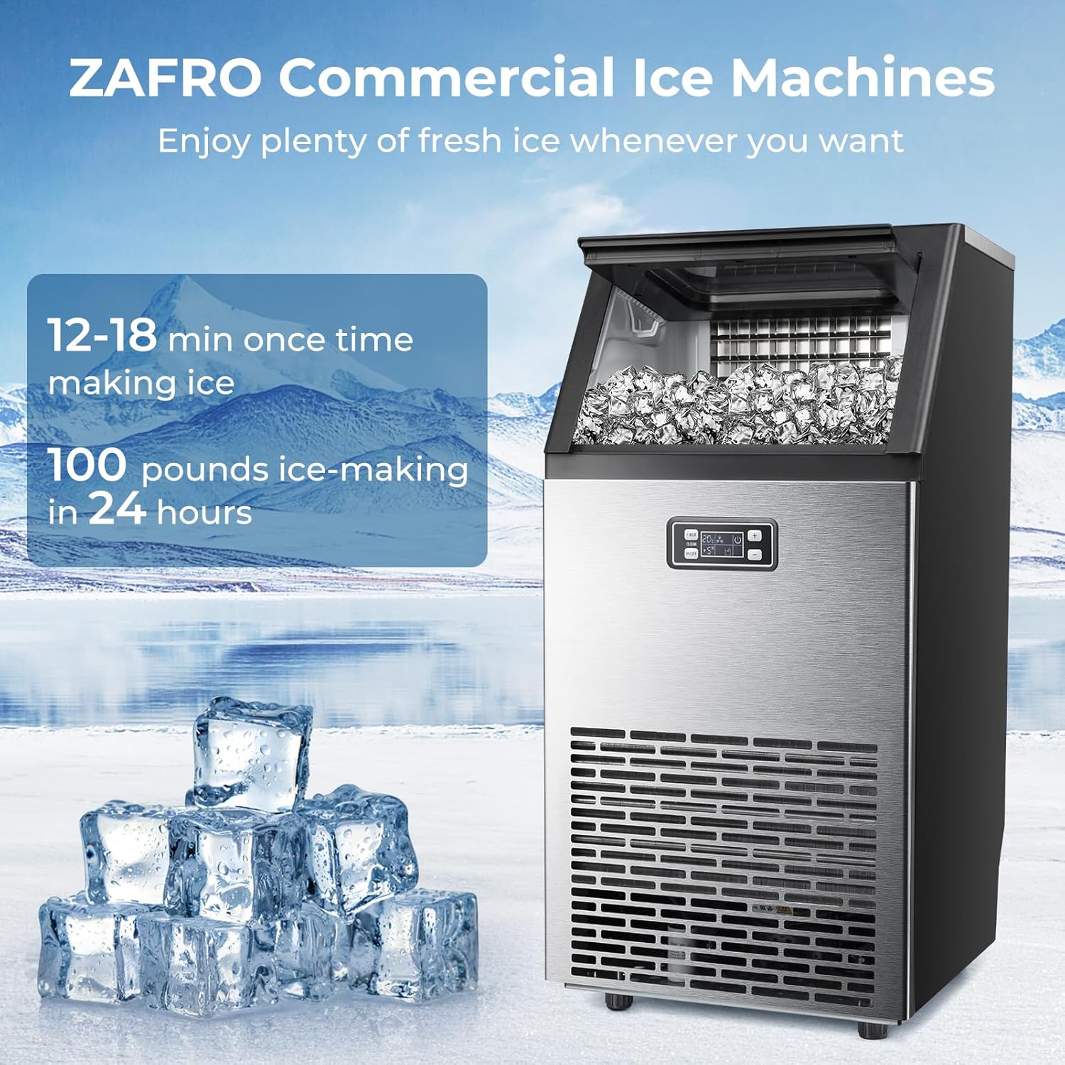 ZAFRO Máquina comercial para hacer hielo, máquina de hielo debajo del mostrador, 100 libras24 horas con cubo de hielo de 33 libras, máquina de hielo