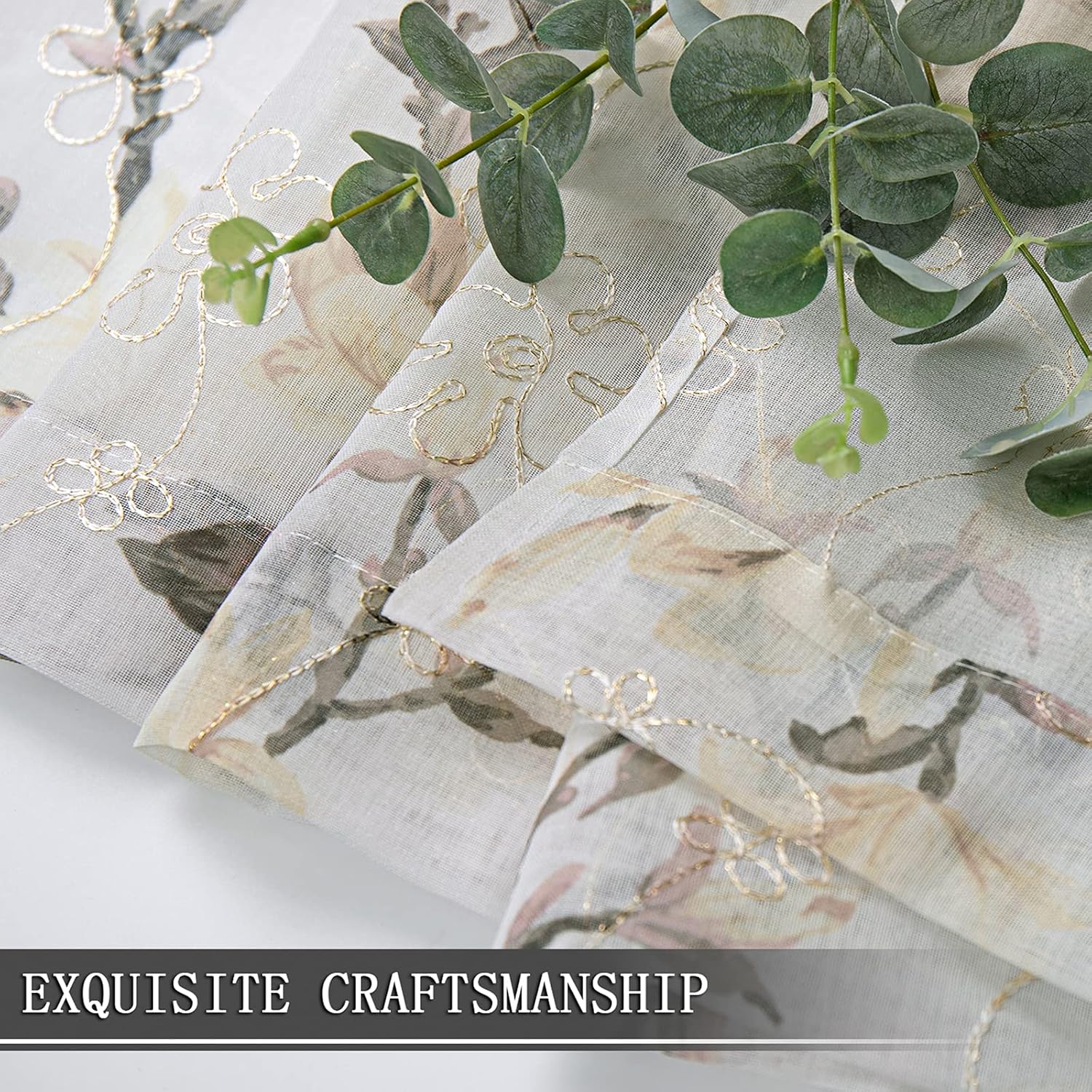 Tollpiz – Cortinas de gasa con estampado de flores y bordado de enredadera, con bolsa para barra, cortinas Voile para ventana, para sala de estar,