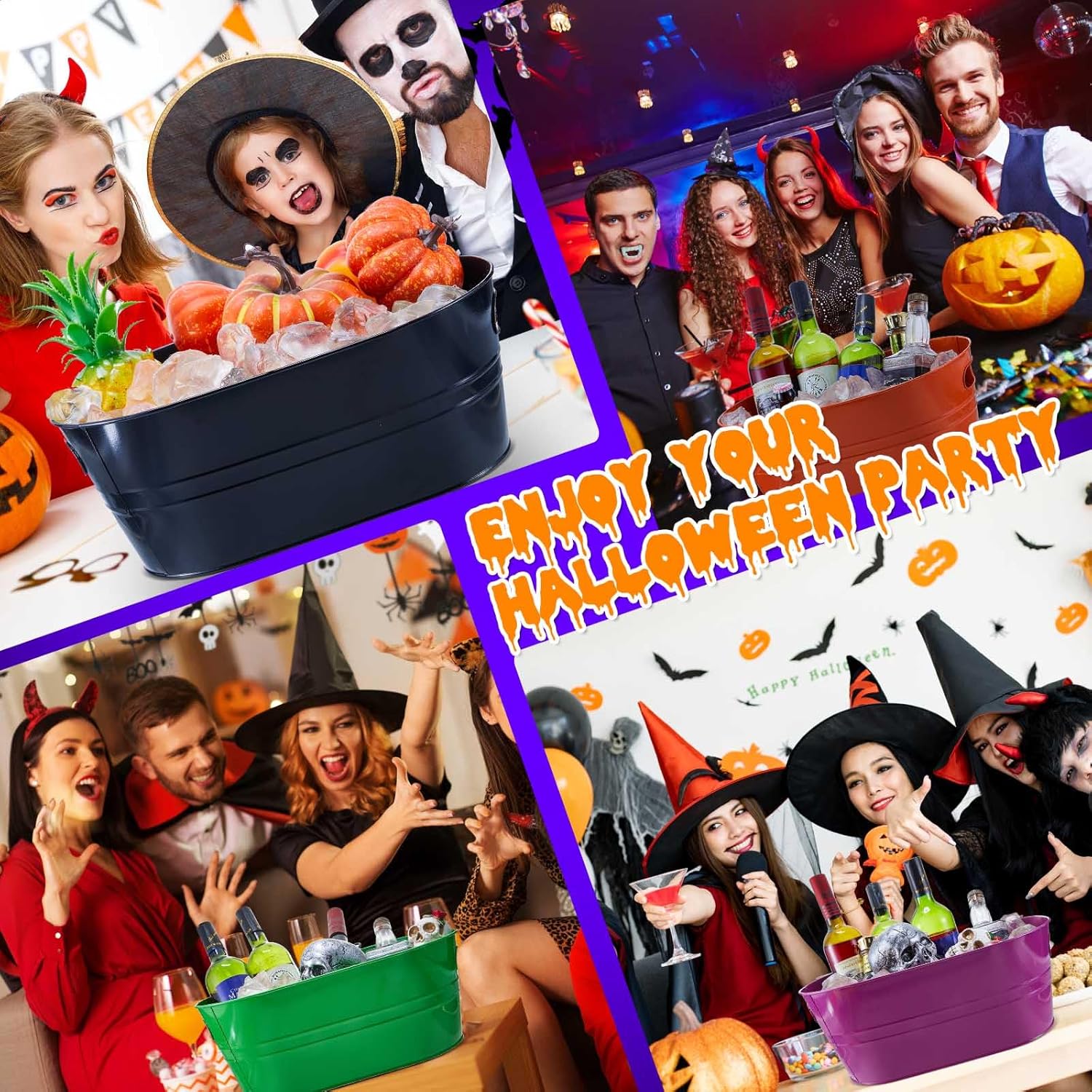 4 cubos de bebidas de Halloween de 4 galones, grandes tinas de hielo para fiestas, recipientes de metal galvanizado para bebidas, cerveza, vino,