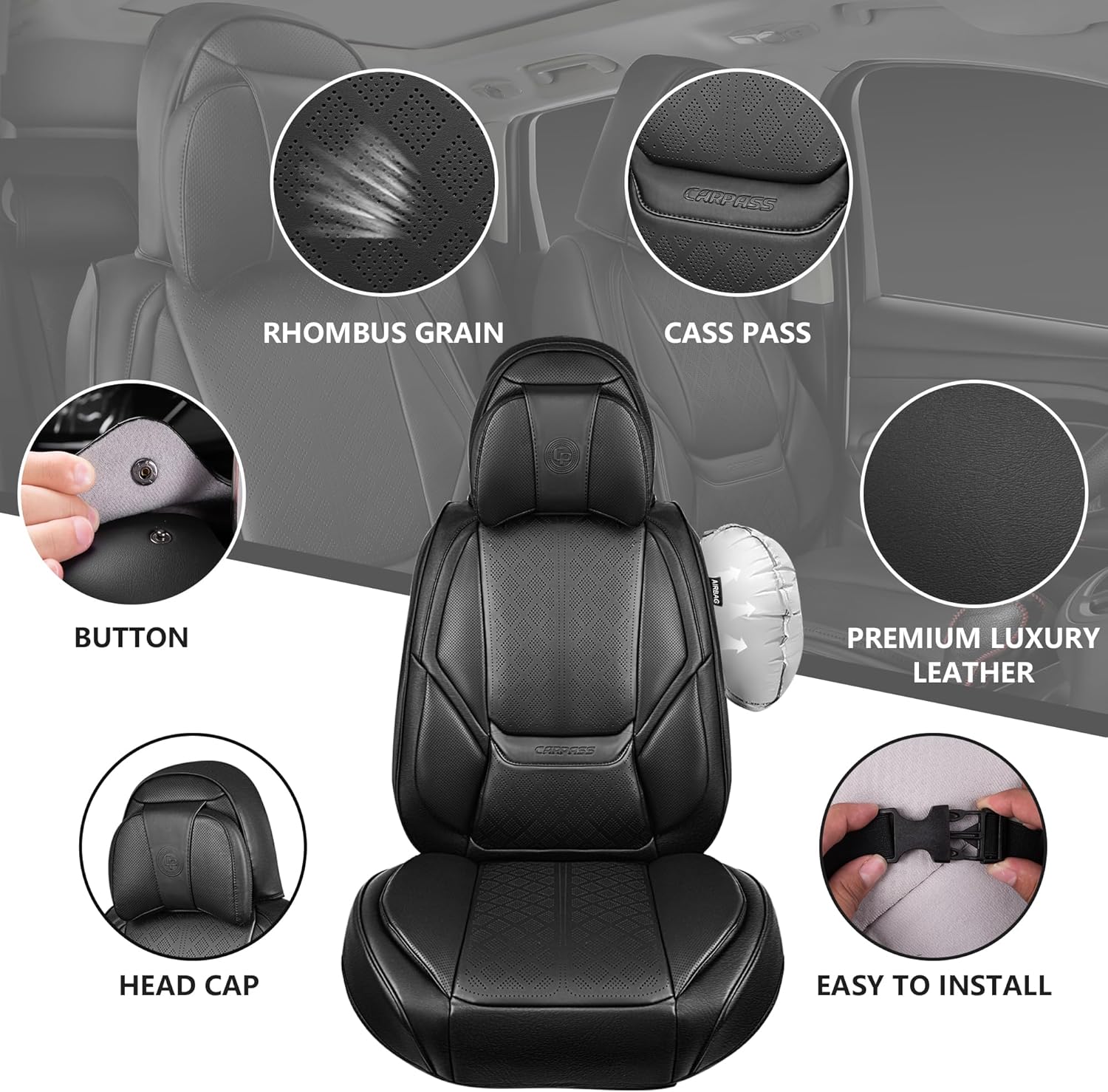 CAR PASS Fundas de asiento de automóvil de piel de napa para 5 asientos, soporte lumbar de lujo, impermeables, transpirables, duraderas, todas las