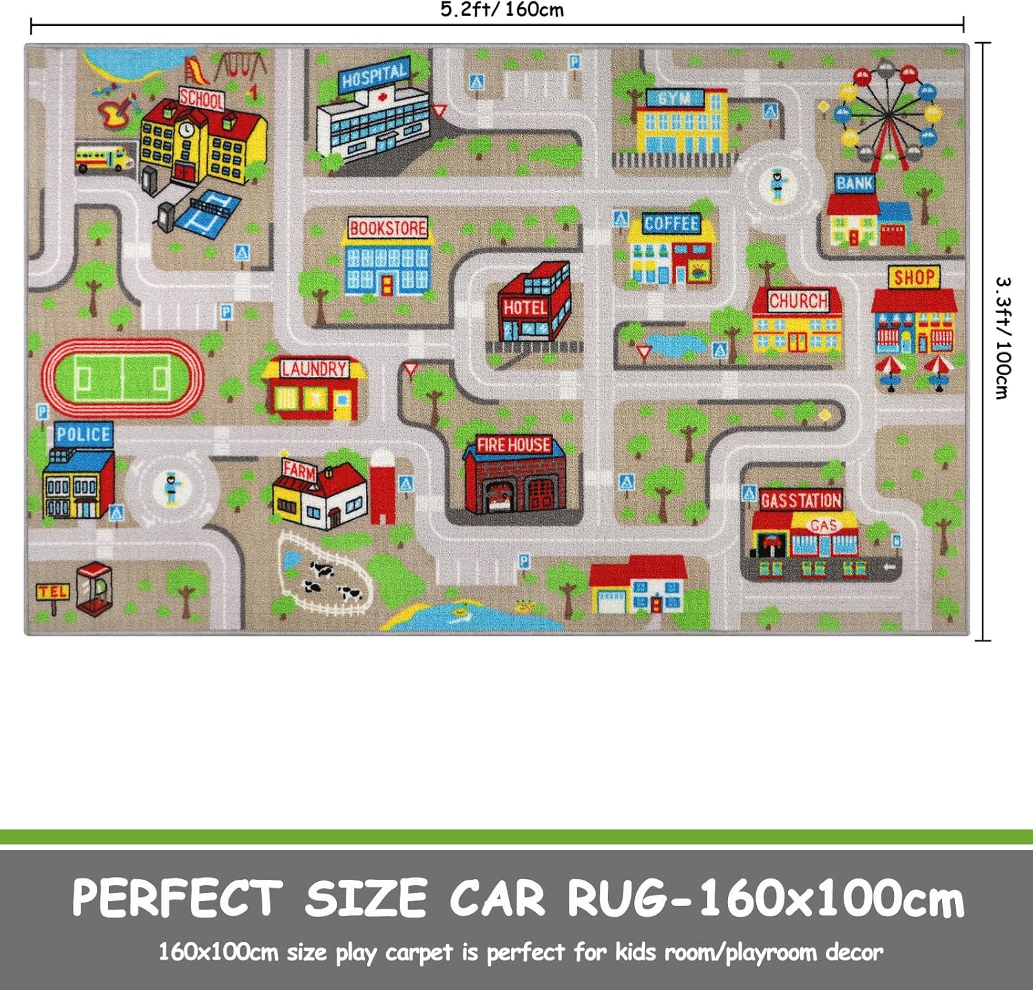 Capslpad Alfombra de juego de coche para niños, 3.3 x 5.2 pies, antideslizante, alfombra de mapa de la vida de la ciudad, alfombra de juegos lavable