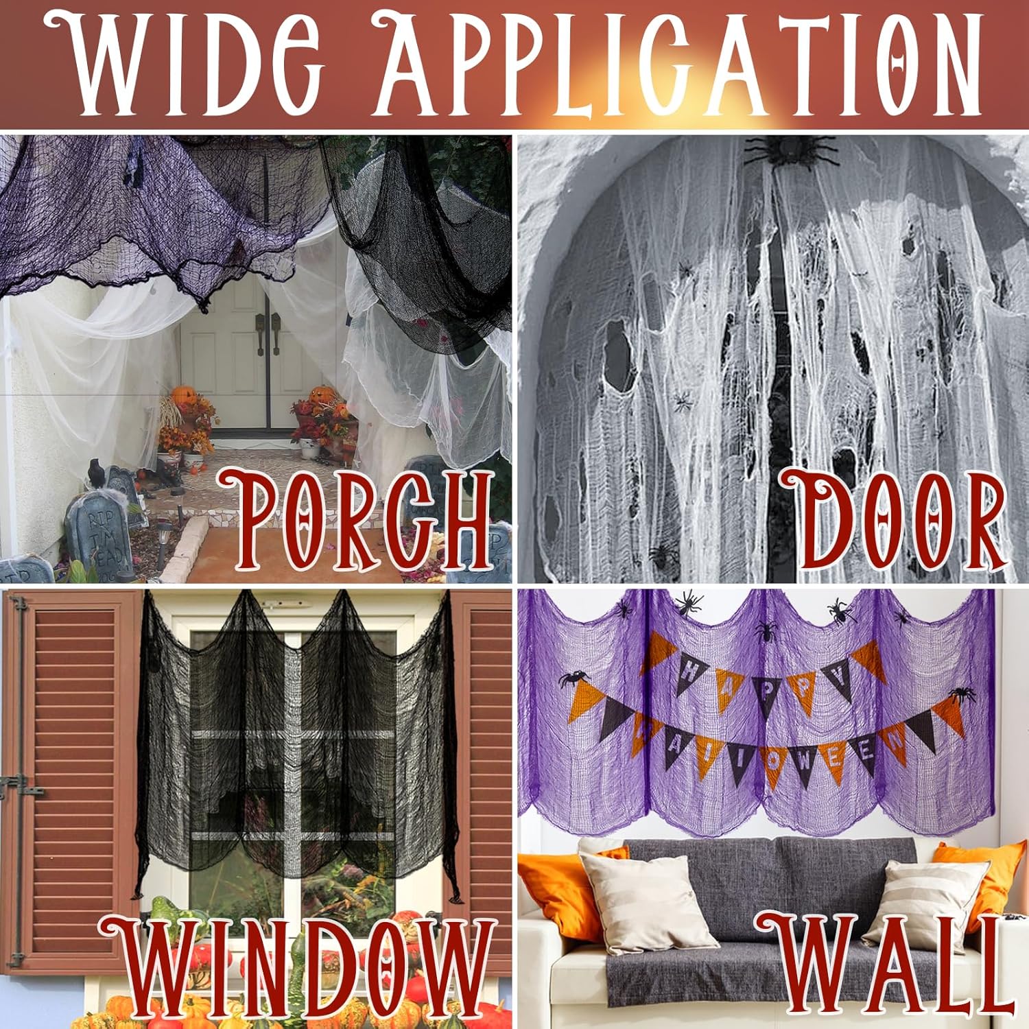 ZeeDix Paquete de 12 paños espeluznantes de Halloween de 30 x 75 pulgadas, decoración de Halloween, tela de gasa espeluznante para suministros de