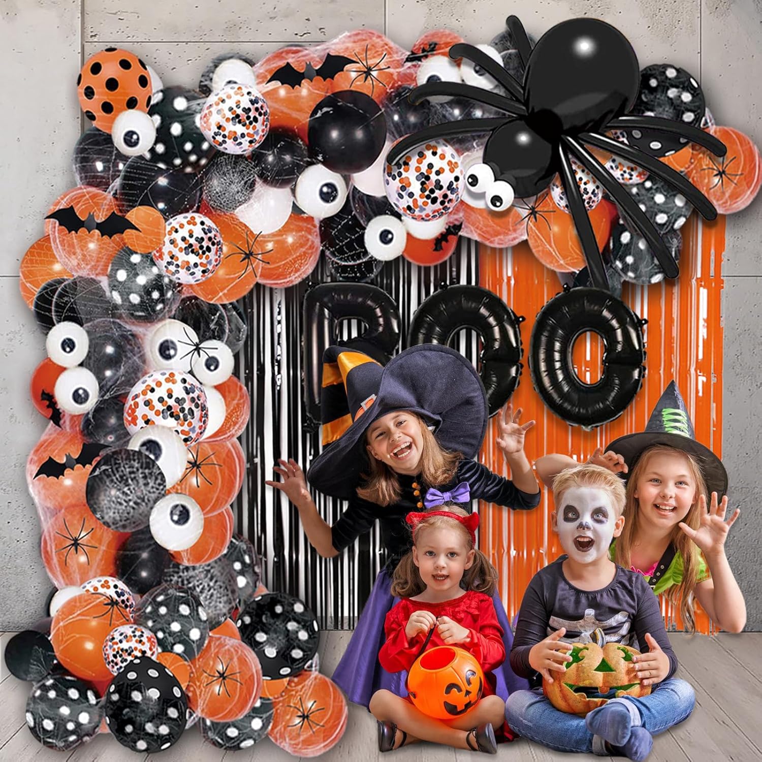116 globos de fiesta de Halloween, kit de guirnalda de arco de globos de Halloween, globos de confeti negro naranja, cortina de flecos de aluminio