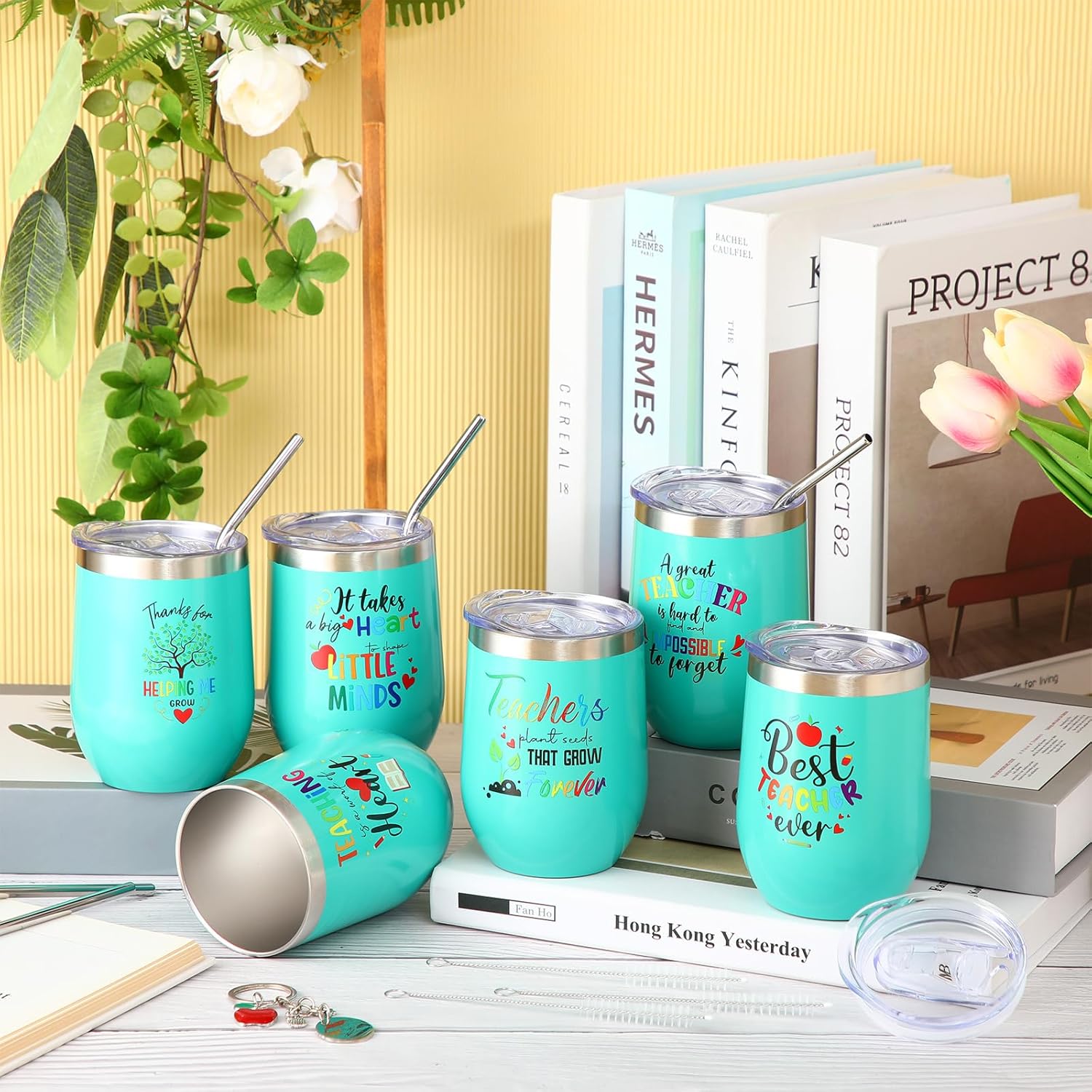 Nuanchu Juego de 12 vasos de vino de acero inoxidable con tapas y pajitas para profesores, regalos de agradecimiento para profesores, regalos de