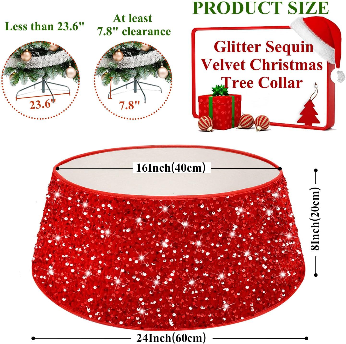Falda de árbol de Navidad roja con lentejuelas y lentejuelas de 23.6 pulgadas, faldas de terciopelo con purpurina para árbol de Navidad, anillo de