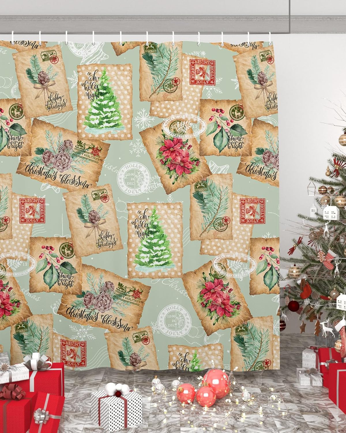 Cortina de ducha de Navidad, impermeable, lavable, bohemio, divertido, lindo juego de cortinas de ducha para baño, bañeras, juego de cortinas de