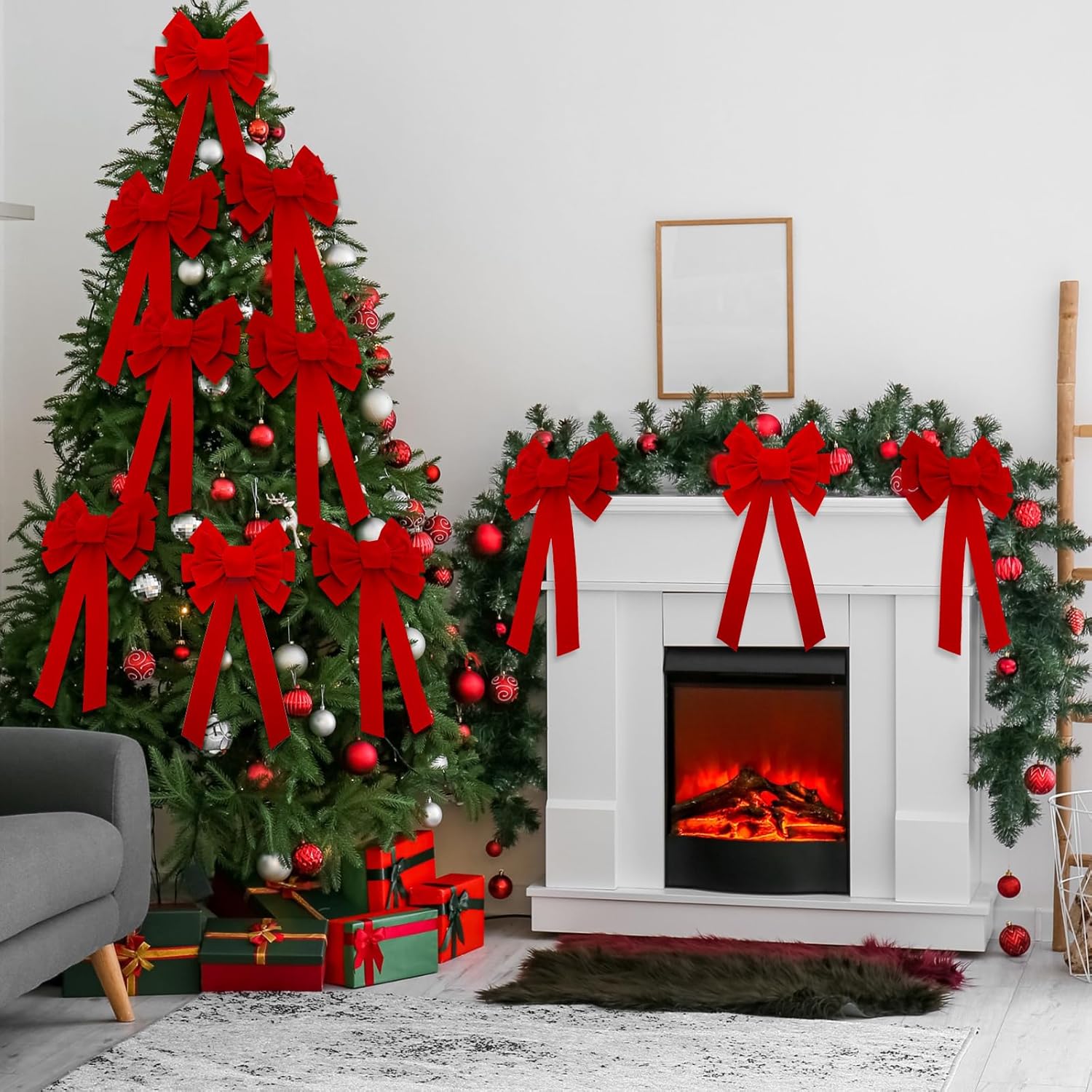 12 lazos grandes de terciopelo rojo de Navidad de 21 x 9 pulgadas, lazos decorativos de Navidad para decoración de árbol de Navidad para decoración