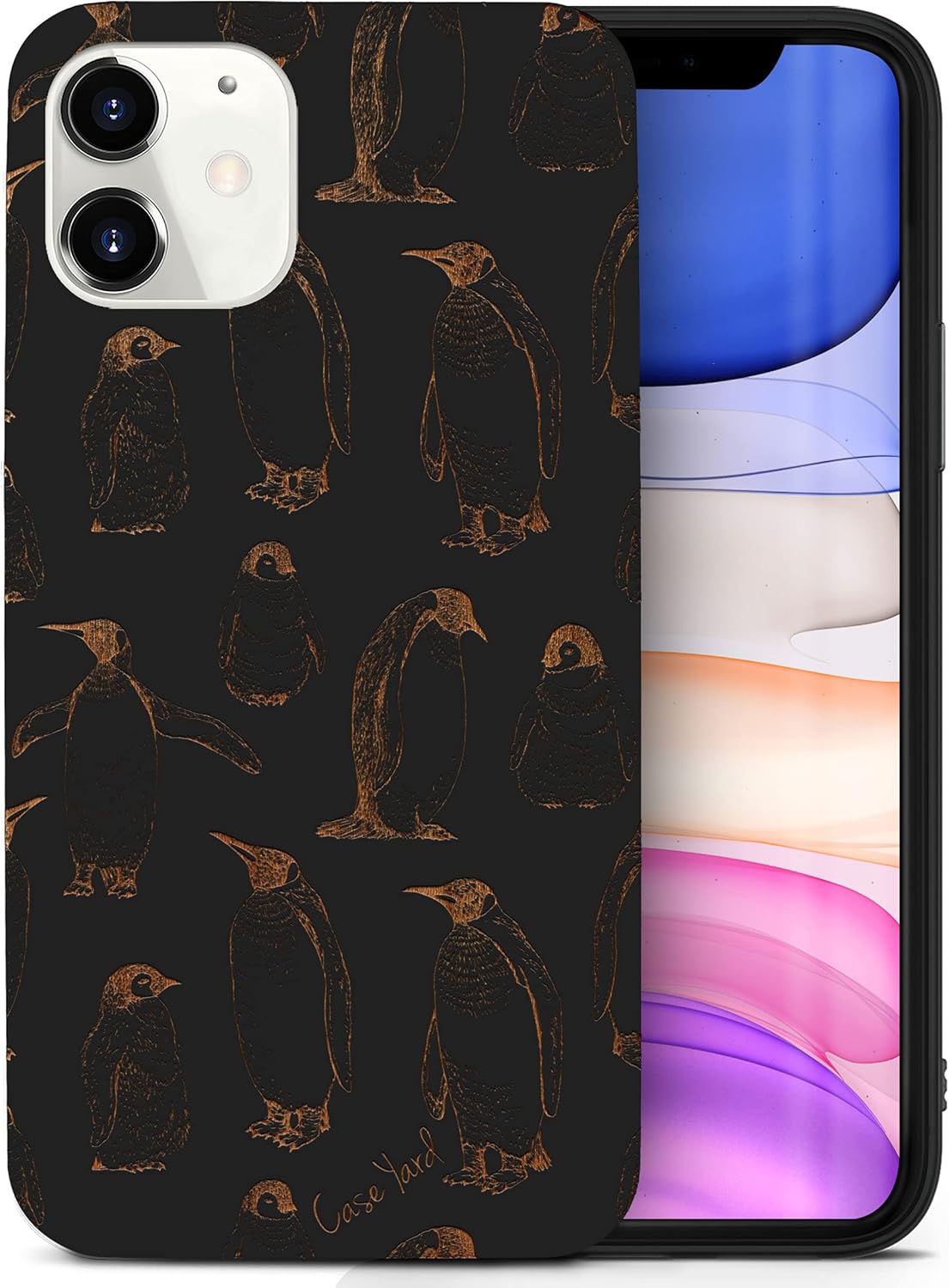 CaseYard Funda de madera para iPhone 11 con grabado láser, diseño de pingüino, compatible con madera negra, funda protectora a prueba de golpes,