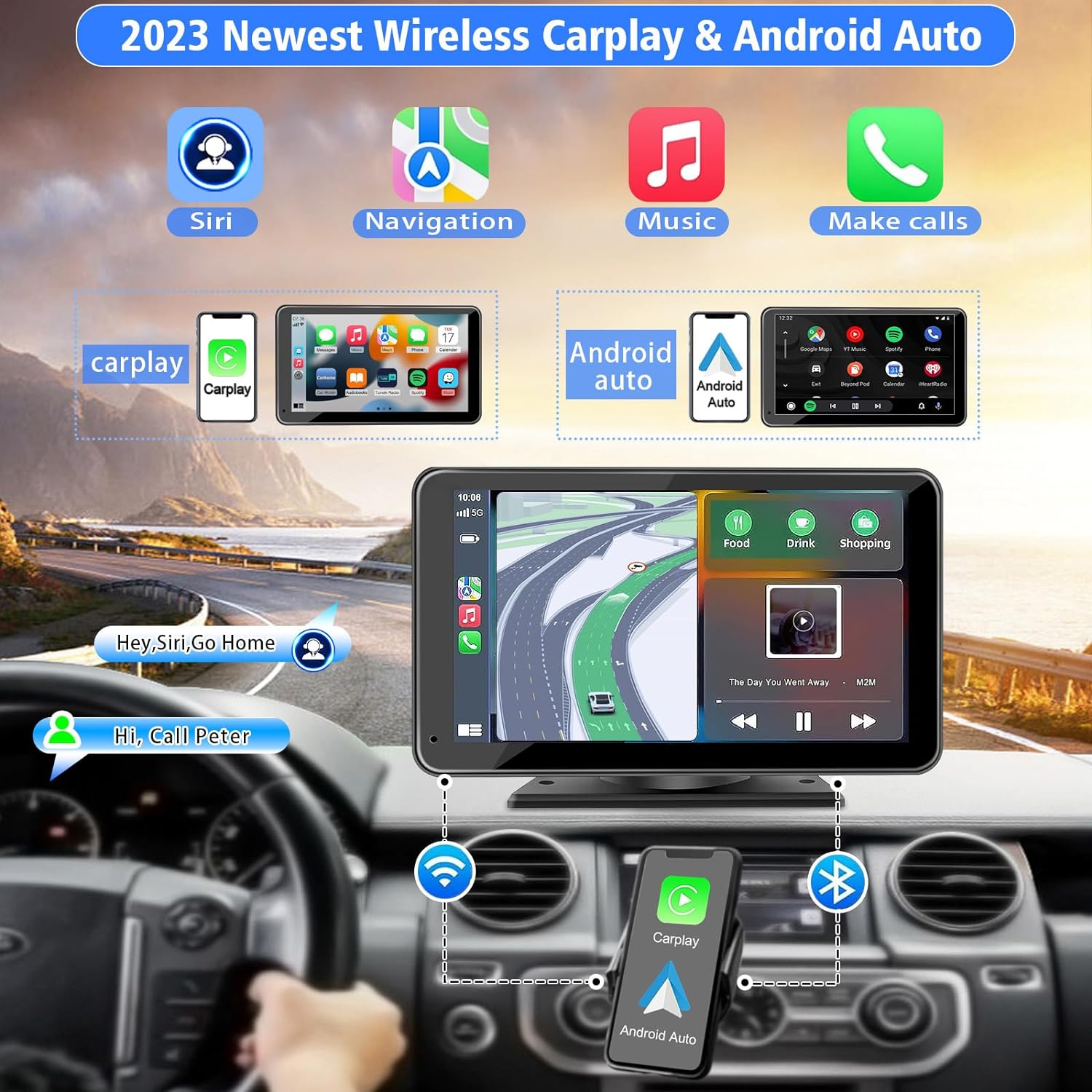 Pantalla inalámbrica portátil Apple CarPlay y Android Auto para automóvil, pantalla táctil HD de 7 pulgadas con enlace de espejo, Bluetooth 5.2,