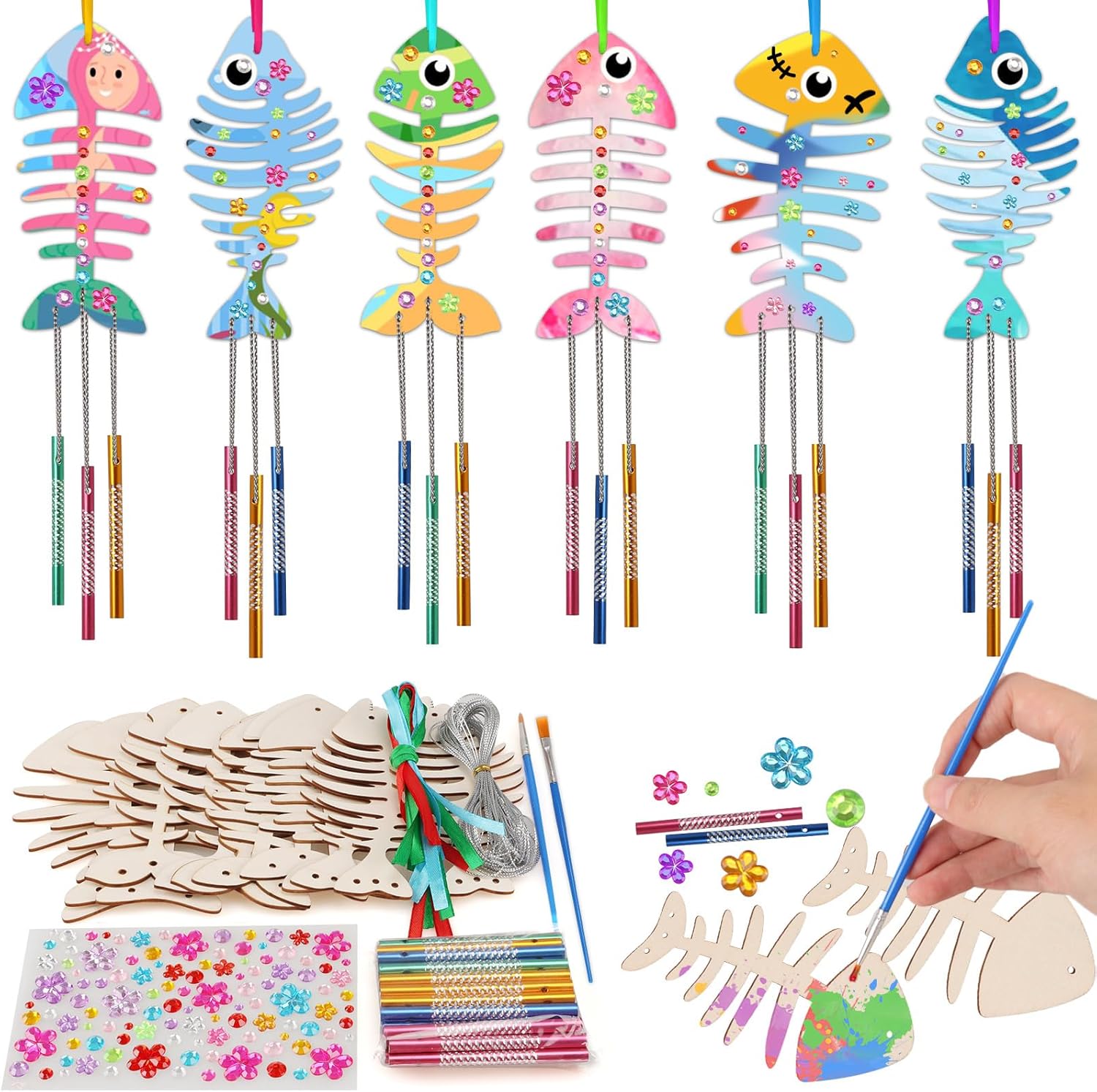 Beria Kits de campanillas de viento para niños, paquete de 12, haz tu propio carillón de viento de pescado, manualidades de madera para niños,