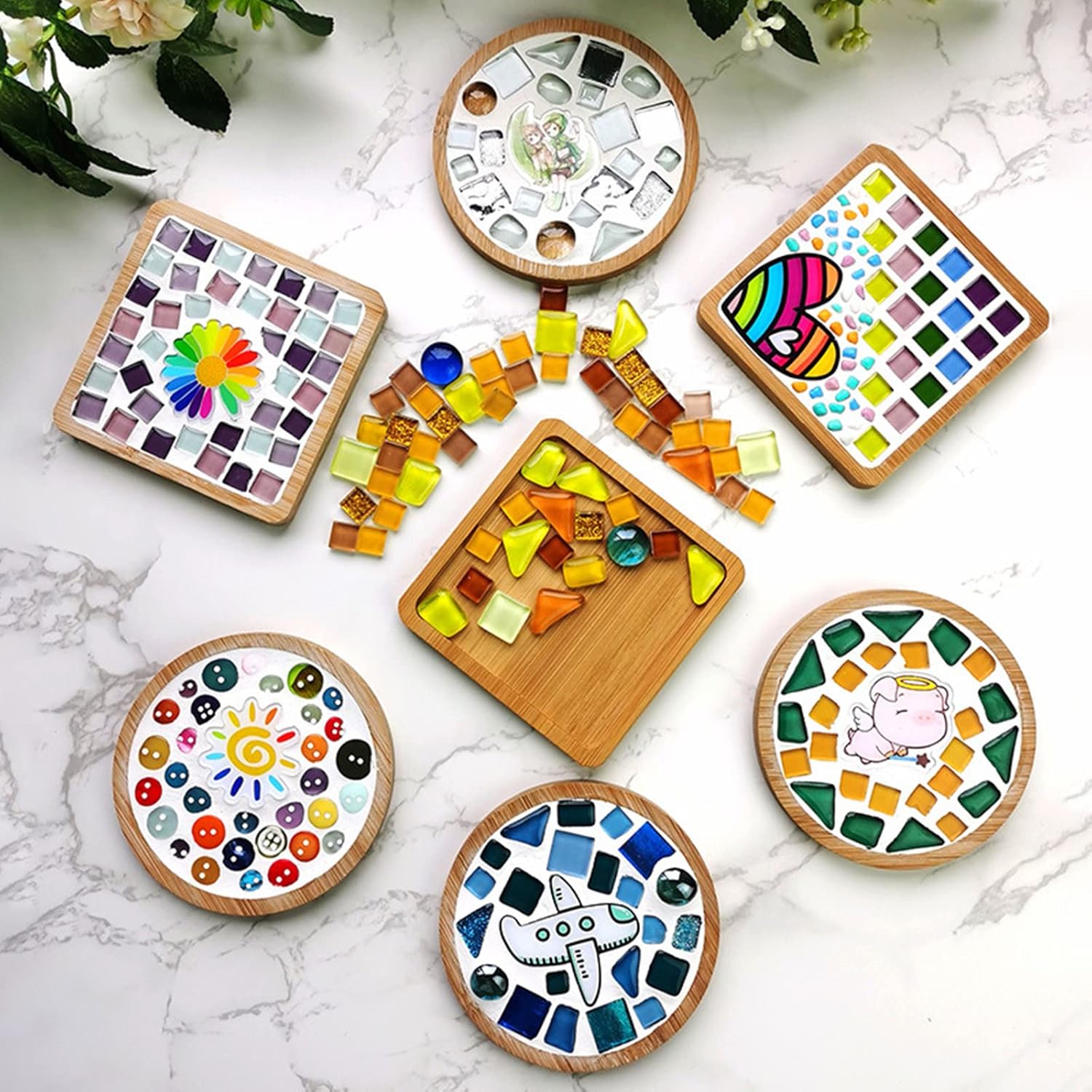 4 posavasos de bambú de mosaico para manualidades, bandejas de base en blanco, posavasos para beber, posavasos para plantas, placa de arte,