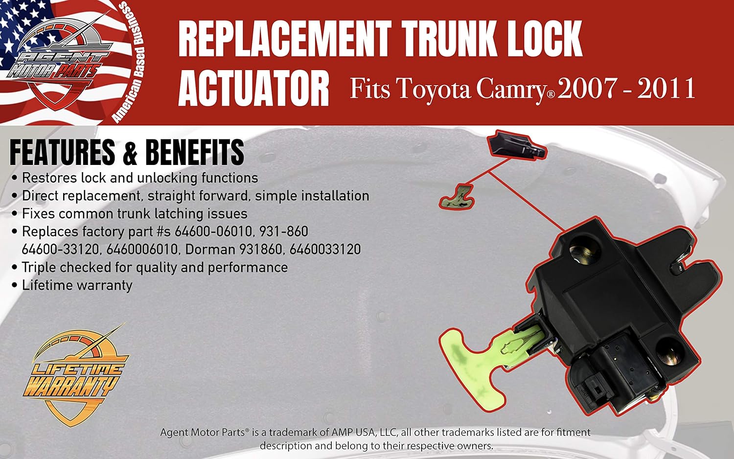 Actuador de puerta con pestillo de maletero  Compatible con Toyota Camry 2007, 2008, 2009, 2010, 2011 con bloqueo automático de maletero de entrada