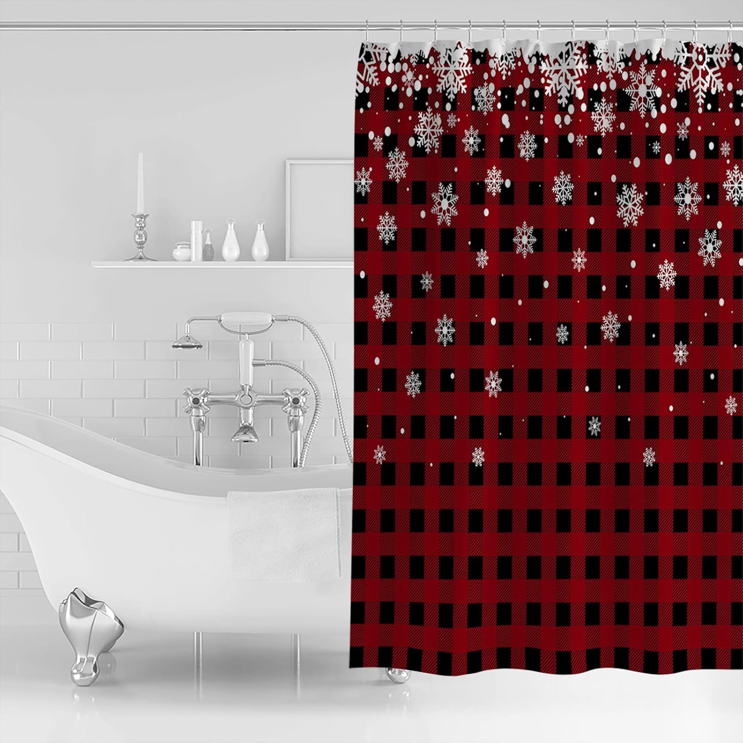 Cortina de ducha de Navidad para baño, diseño de copos de nieve blanco sobre cuadros negros y rojos, juego de cortina de ducha impermeable con 12