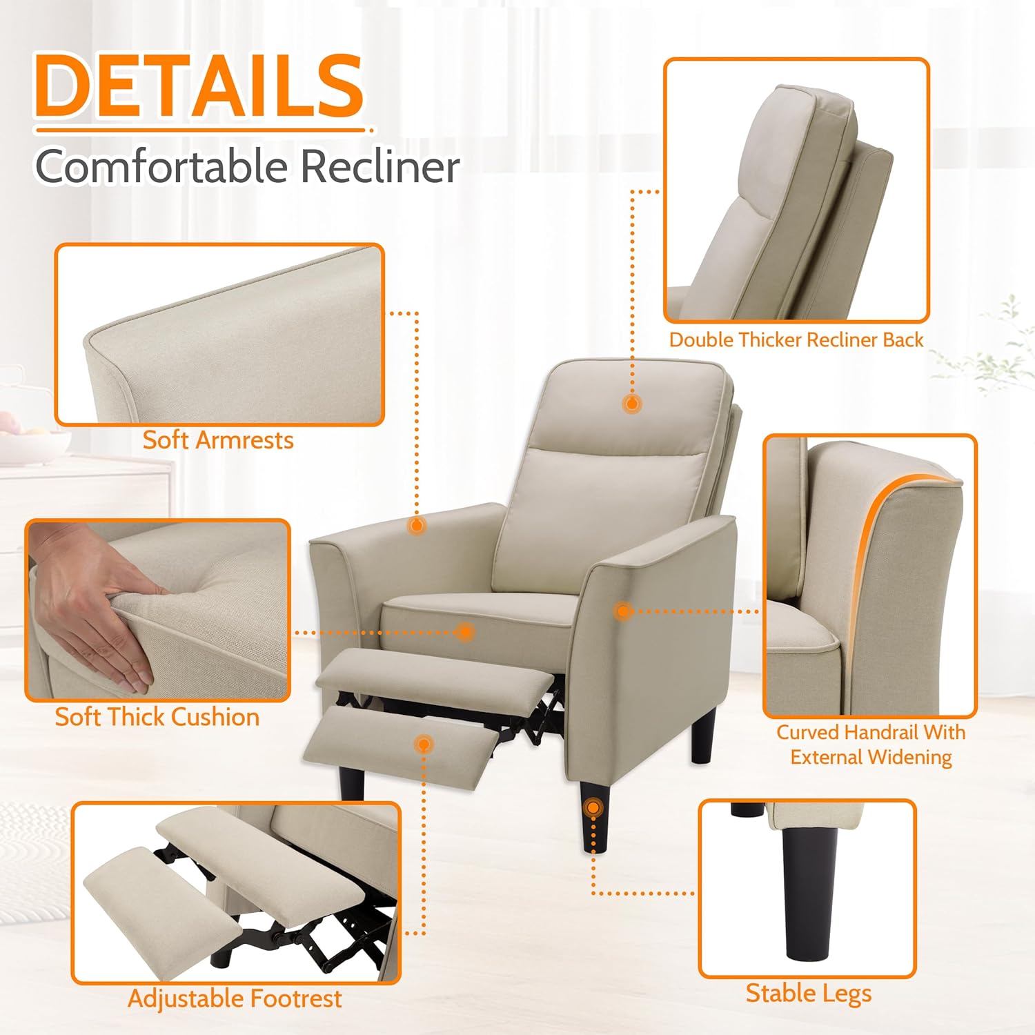PrimeZone Silla reclinable de tela, sofá reclinable moderno de mediados de siglo, silla reclinable ergonómica ajustable con respaldo más grueso y