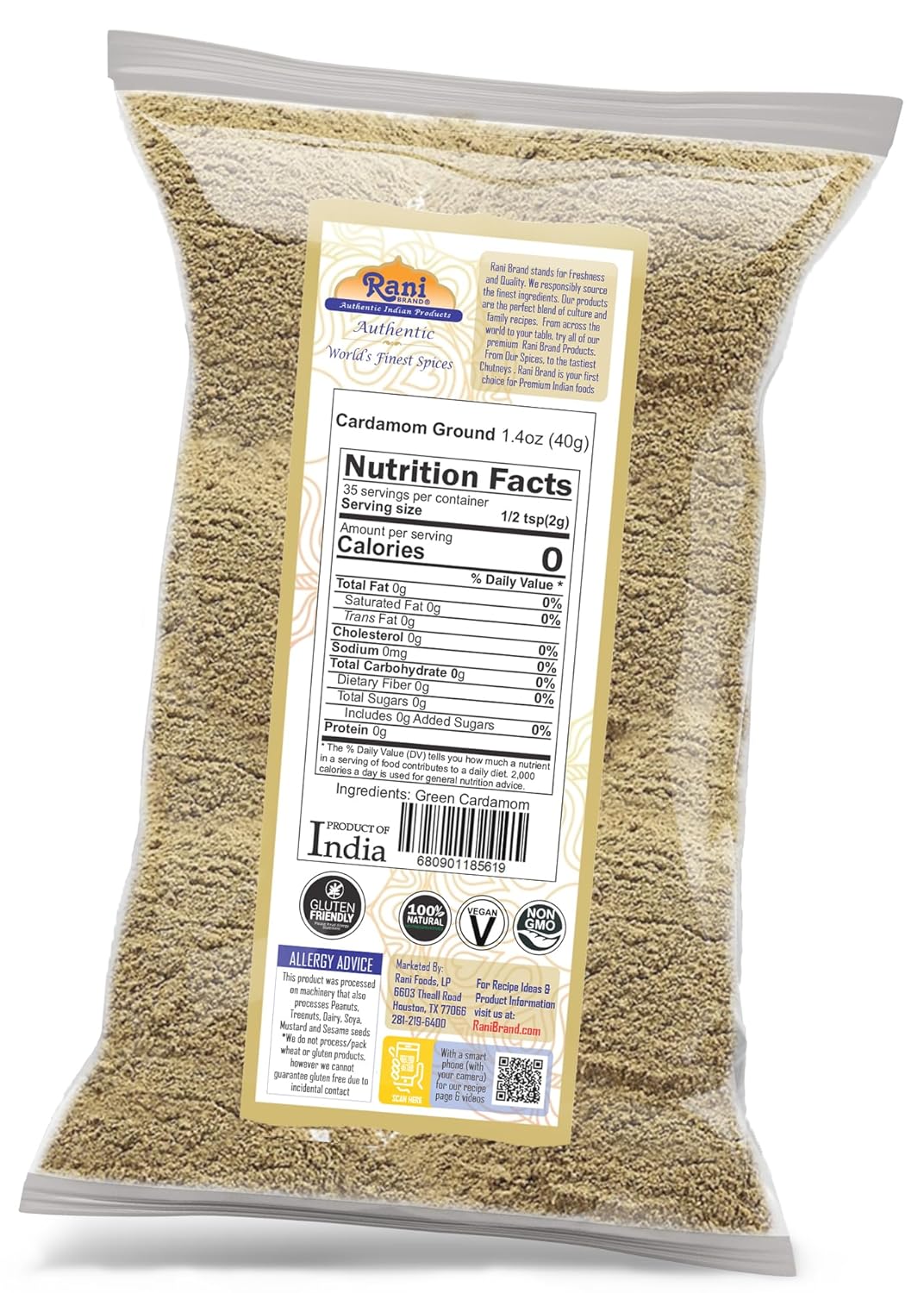 Rani Cardamomo (Elachi) Molido, especia india en polvo, 1.4 oz (40 g)  Todo natural  Sin color añadido  Apto para gluten  Vegano  Sin OMG  Sin sal