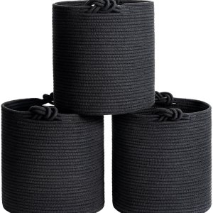 Goodpick Paquete de 3 cubos de almacenamiento de cuerda tejida para organización de armario y estantes, cestas redondas decorativas negras para Goodpick Paquete de 3 cubos de almacenamiento de cuerda tejida para organización de armario y estantes, cestas redondas decorativas negras para