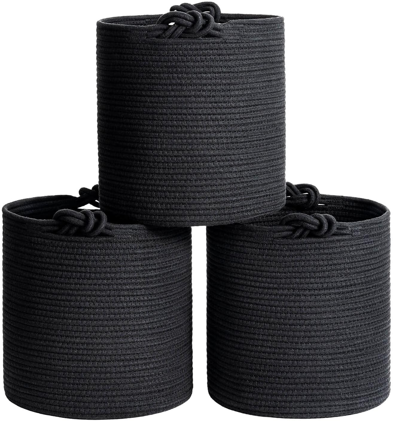 Goodpick Paquete de 3 cubos de almacenamiento de cuerda tejida para organización de armario y estantes, cestas redondas decorativas negras para