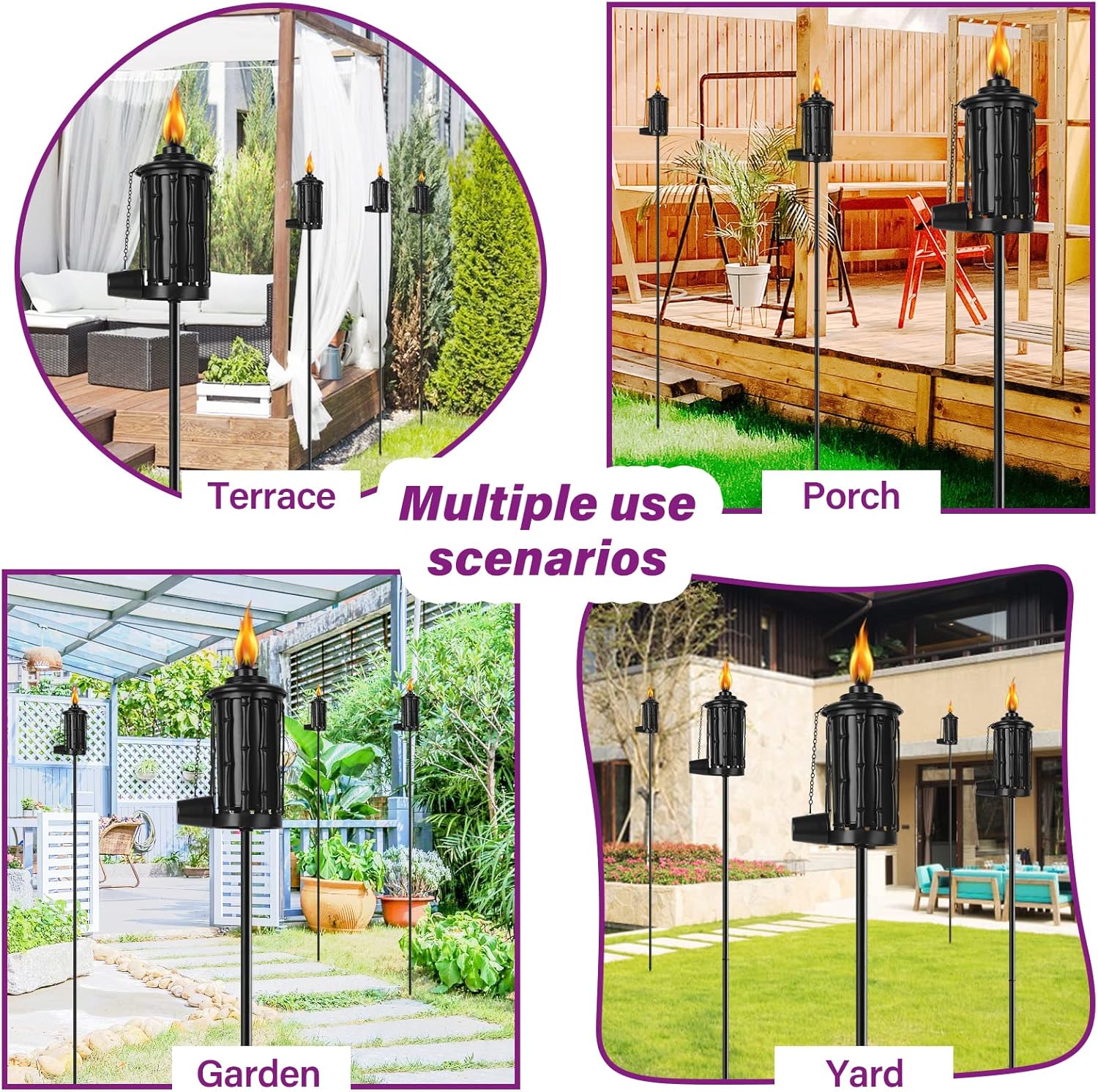 Home Garden – Juego de 4 antorchas de metal de 16 onzas para exteriores, decoración de jardín, antorchas de citronela mejoradas de 59 pulgadas con