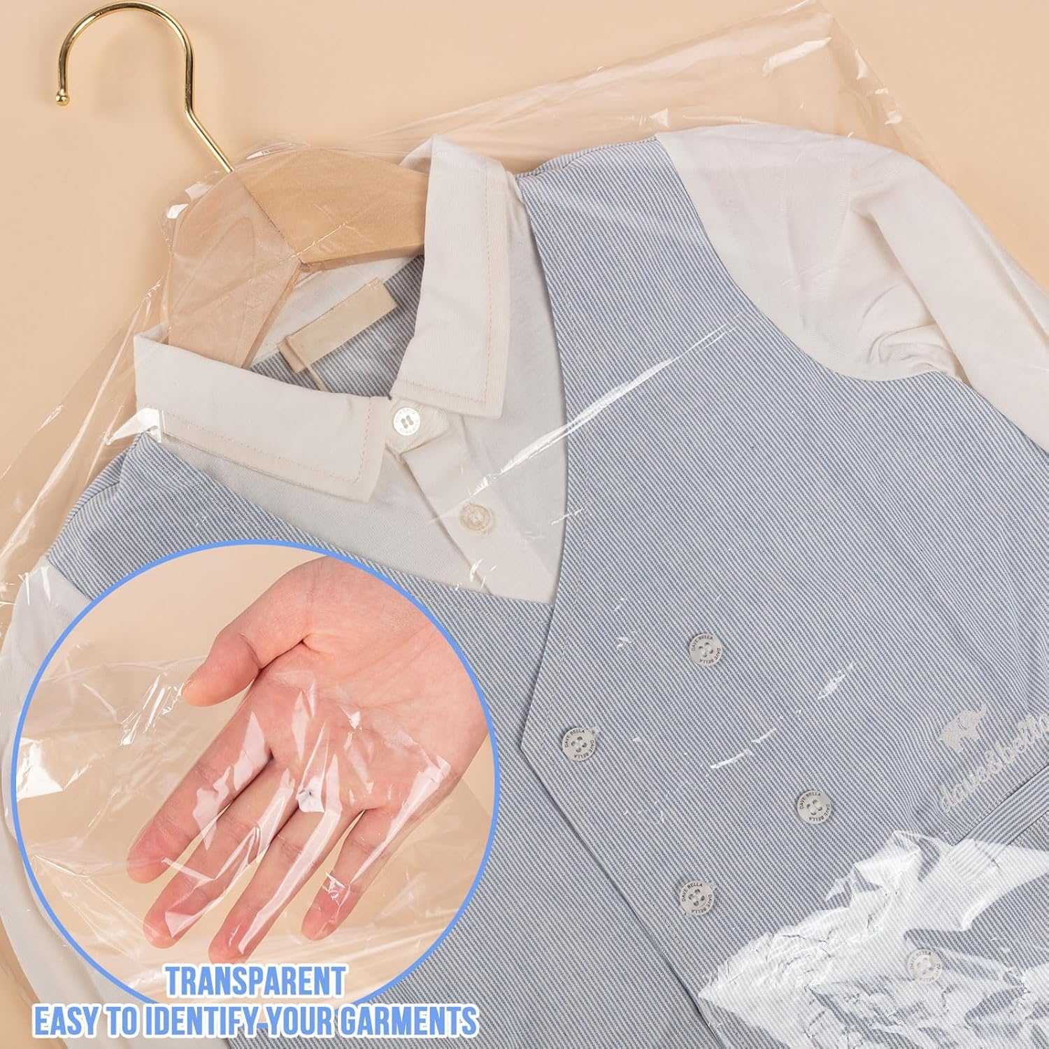 Paquete de 100 bolsas de plástico para colgar ropa, bolsas duraderas para tintorería, fundas transparentes a prueba de polvo para tintorería,