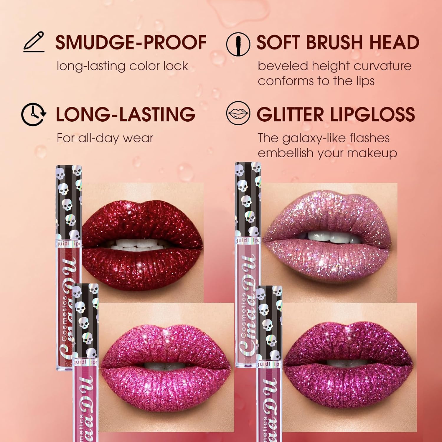 AKARY Lápiz labial líquido brillante de larga duración, diseño de calavera de diamante metálico con purpurina brillante, acabado brillante, brillo