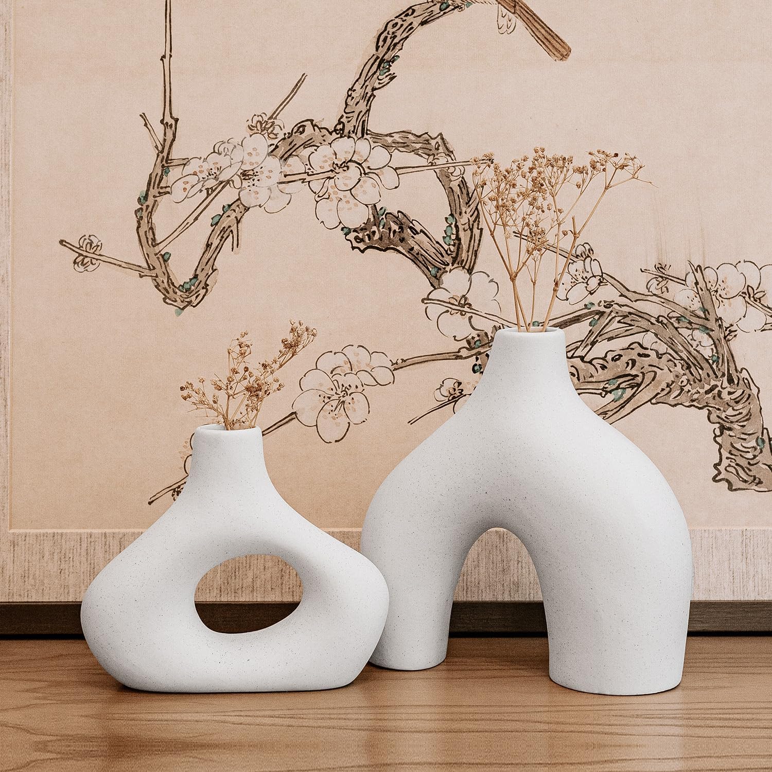 Jarrón de cerámica hueco círculo, blanco, 11″