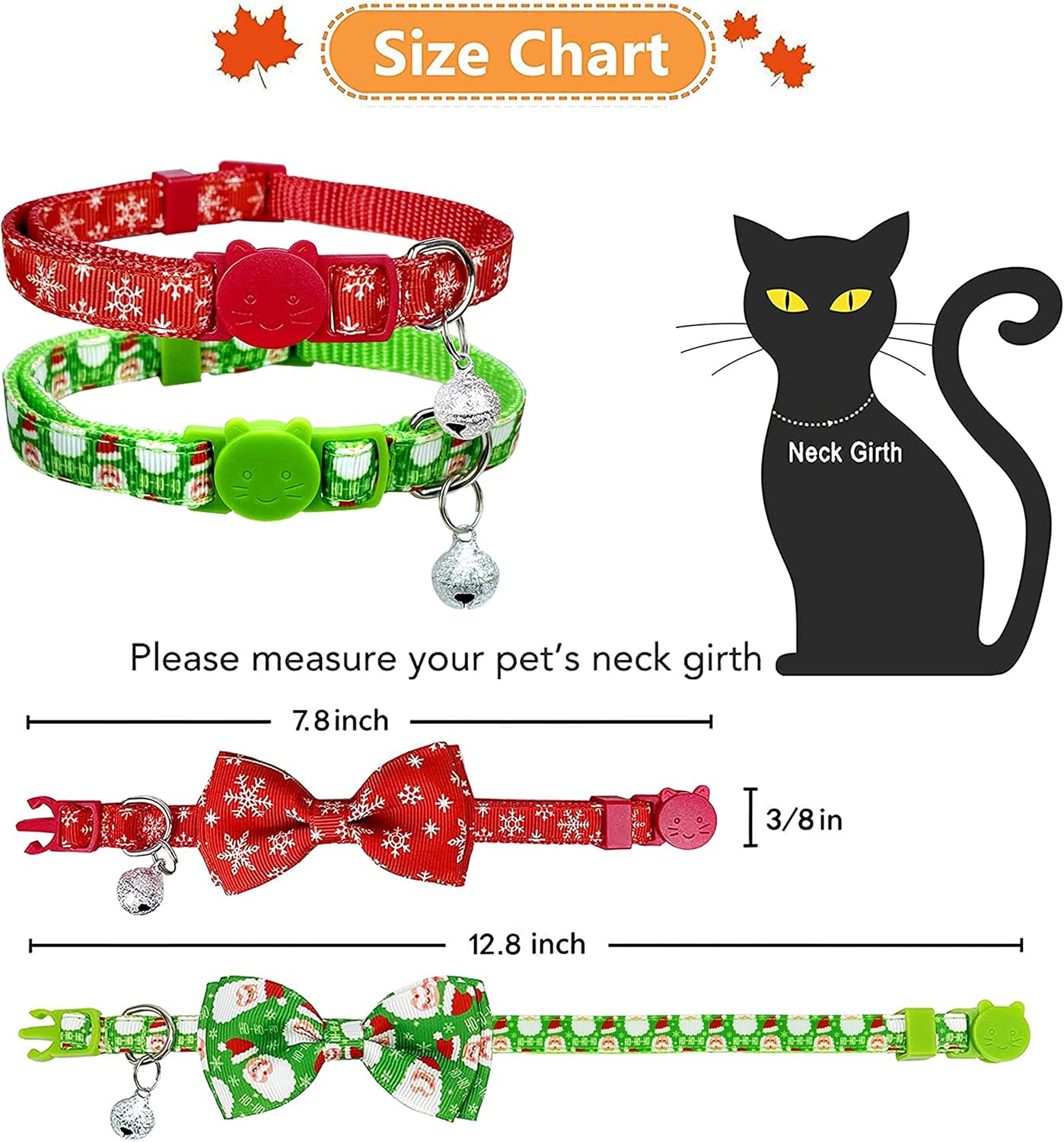 Pohshido Collar de gato navideño con pajarita y campana, paquete de 2 gatitos de invierno para niño y niña