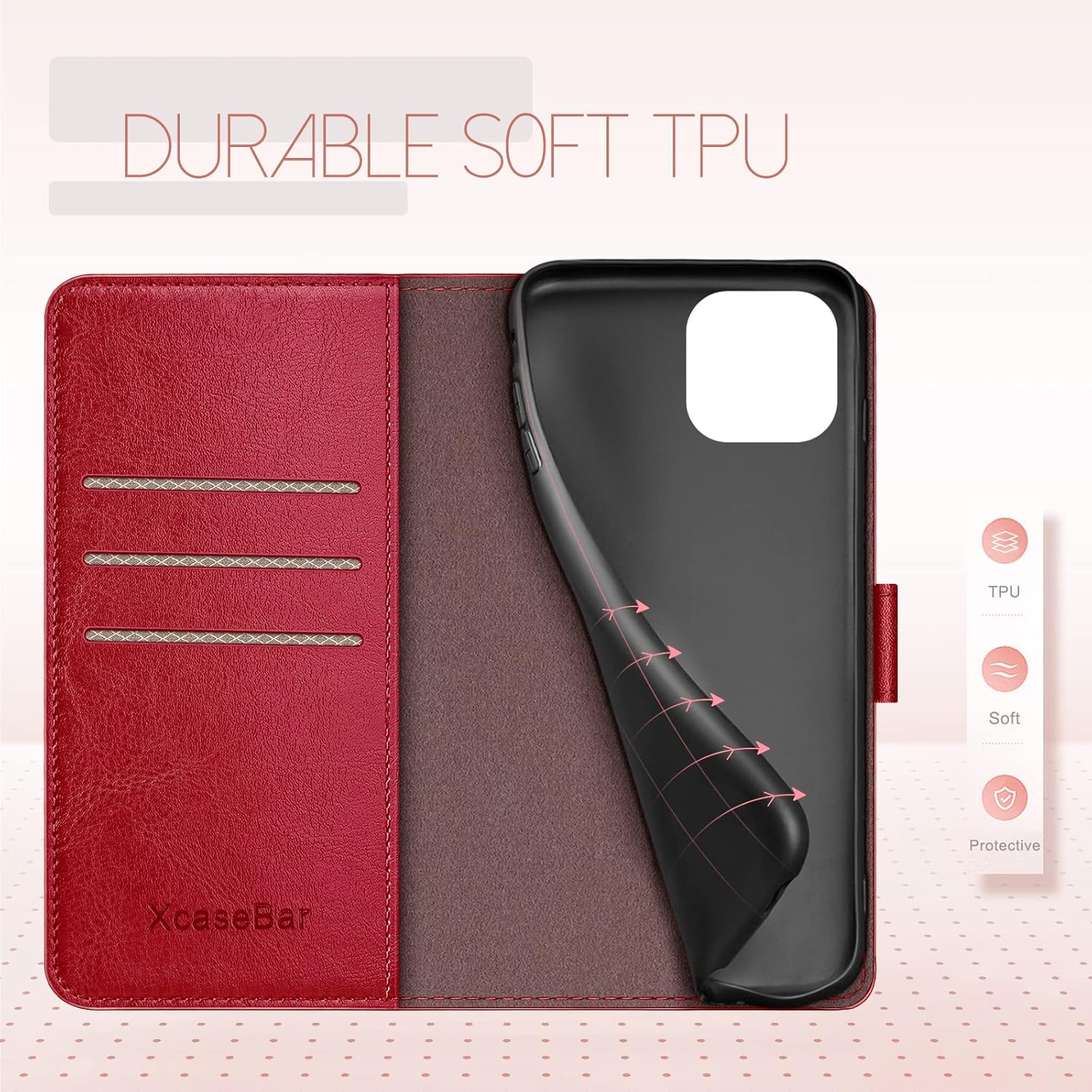 XcaseBar Funda tipo cartera para iPhone 14 de 6.1 pulgadas con bloqueo RFID, soporte para tarjetas de crédito, funda de piel sintética con tapa para