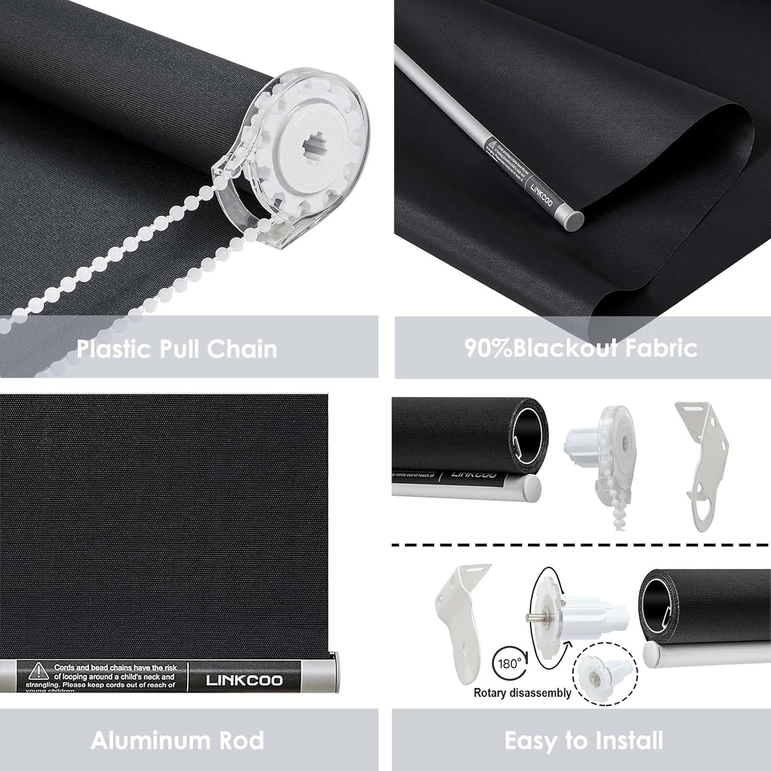 Persianas enrollables 85 % opacas, para oscurecer la habitación, con tela aislante térmica, con cadena, para hogar y oficina (negro, 48 pulgadas de