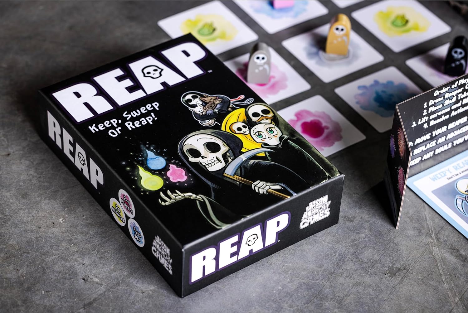 Juego de cartas Reap  Un juego espeluznante y lindo de la estrategia de robo de almas de la parca  A partir de 14 años  2-4 jugadores