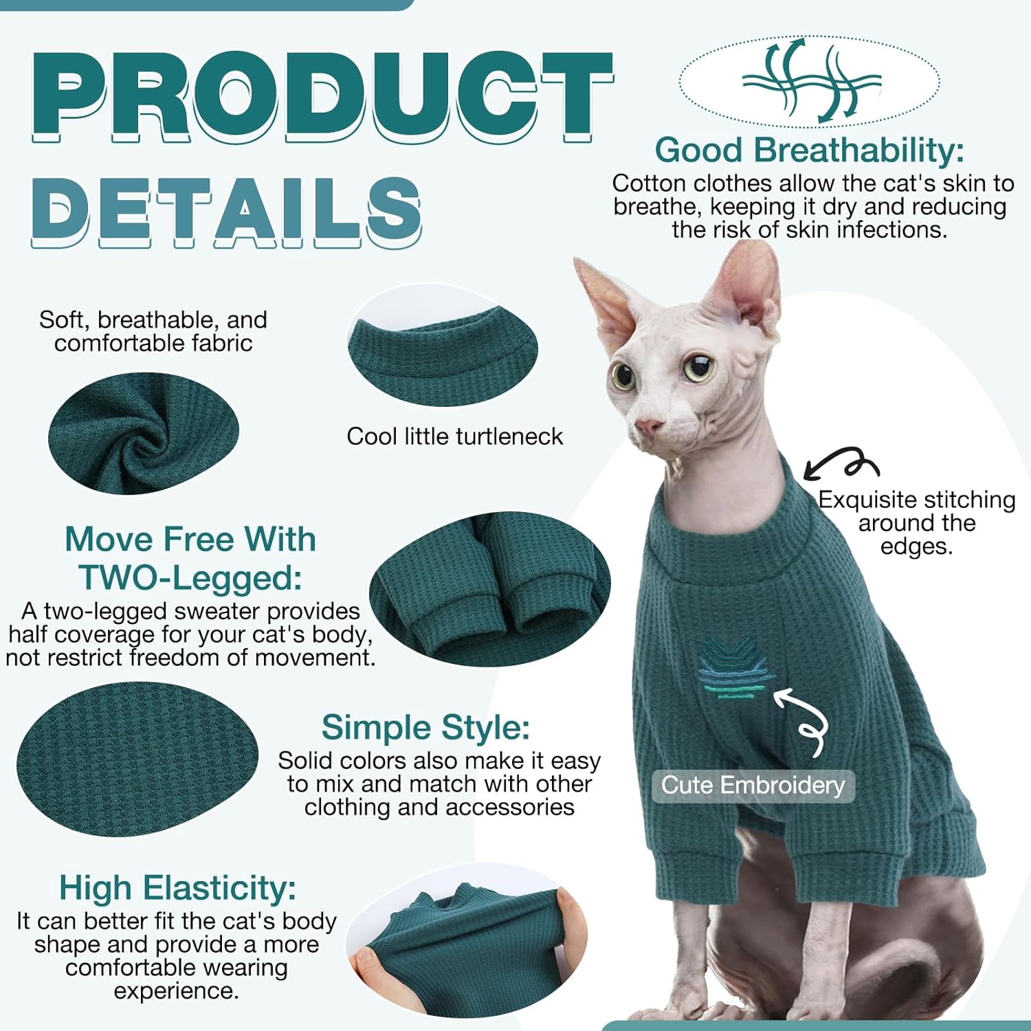 ROZKITCH Sphynx – Ropa de gato, camisa transpirable sin pelo con mangas, suéter de cuello alto para gatito, pijama para Cornish Rex, Devon Rex,