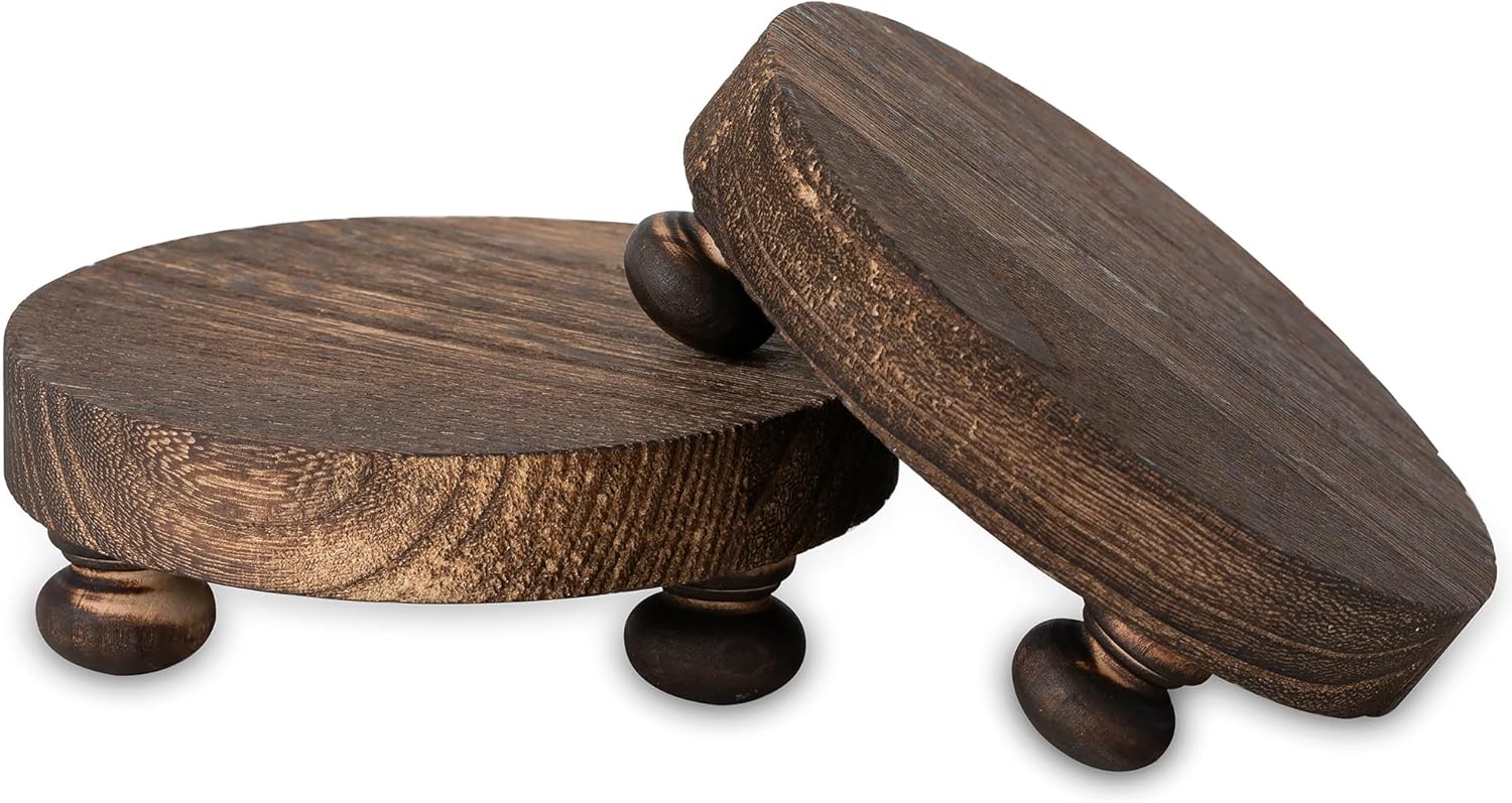 Romadedi Elevador de madera de granja para exhibir, 2 piezas de decoración rústica, mini pedestal de madera, bandeja redonda decorativa para mesa