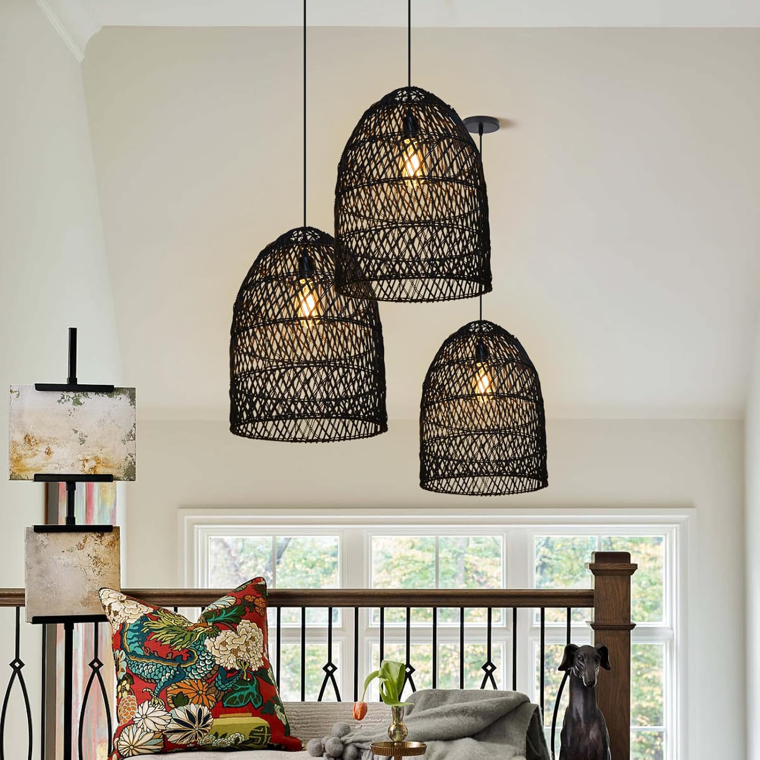 Arturesthome Lámpara colgante de cesta de ratán rústico, lámpara de araña de mimbre bohemio, pantalla de artesanía costera hecha a mano, iluminación