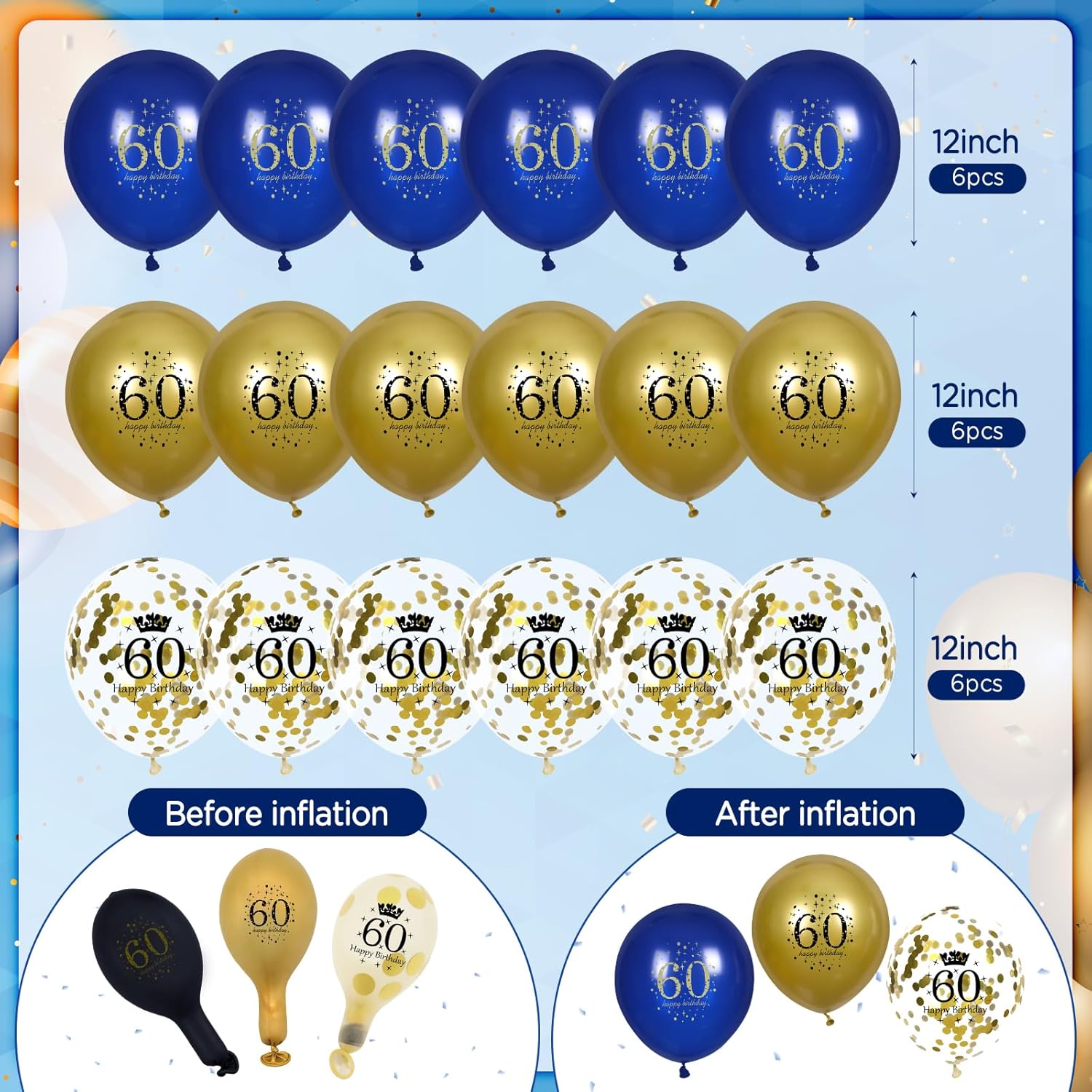 Globos de decoración de cumpleaños n. 60 en color azul dorado para hombres y mujeres, azul marino y dorado para fiesta de cumpleaños n. 60, pancarta