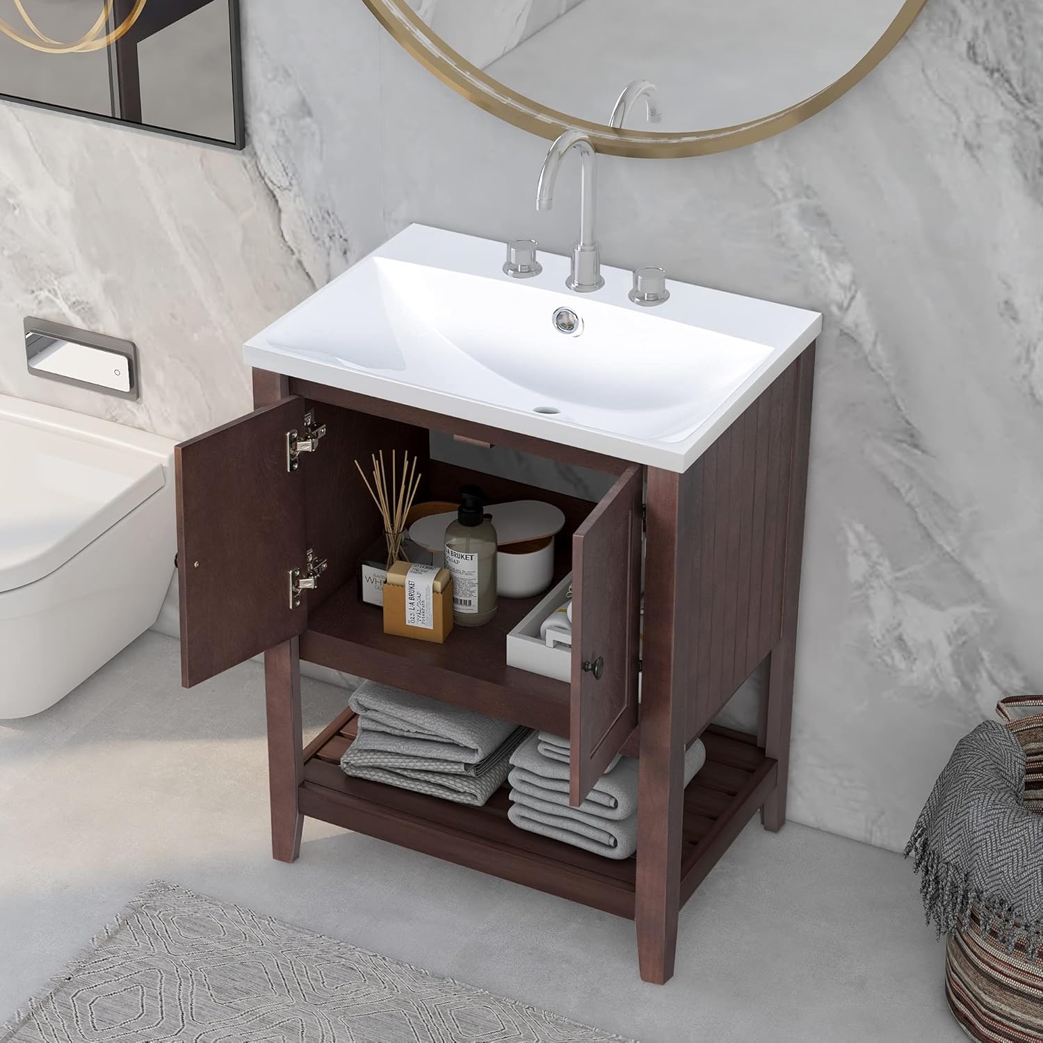 P PURLOVE Mueble de baño de 24 pulgadas con fregadero, armario de almacenamiento de baño con puertas y estante abierto, juego de fregadero de madera