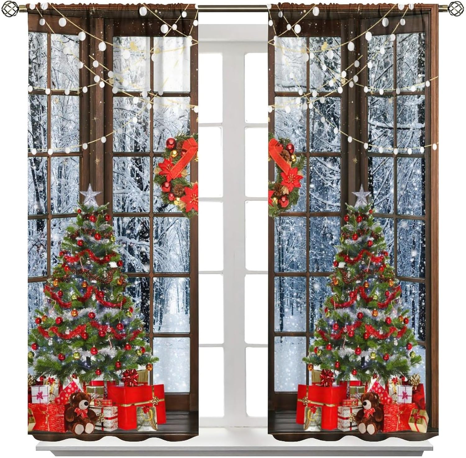 Cortinas de Navidad, regalo de árbol de Navidad de invierno, oso marrón, con purpurina, ventana, estampado de escenas de nieve, decoración del