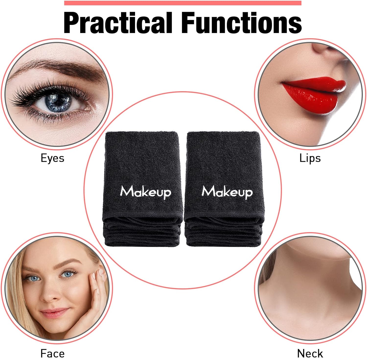 Chumia 72 paños removedores de maquillaje de 13 x 13 pulgadas, toallas de maquillaje con bordado negro, reutilizables, toallas faciales suaves para