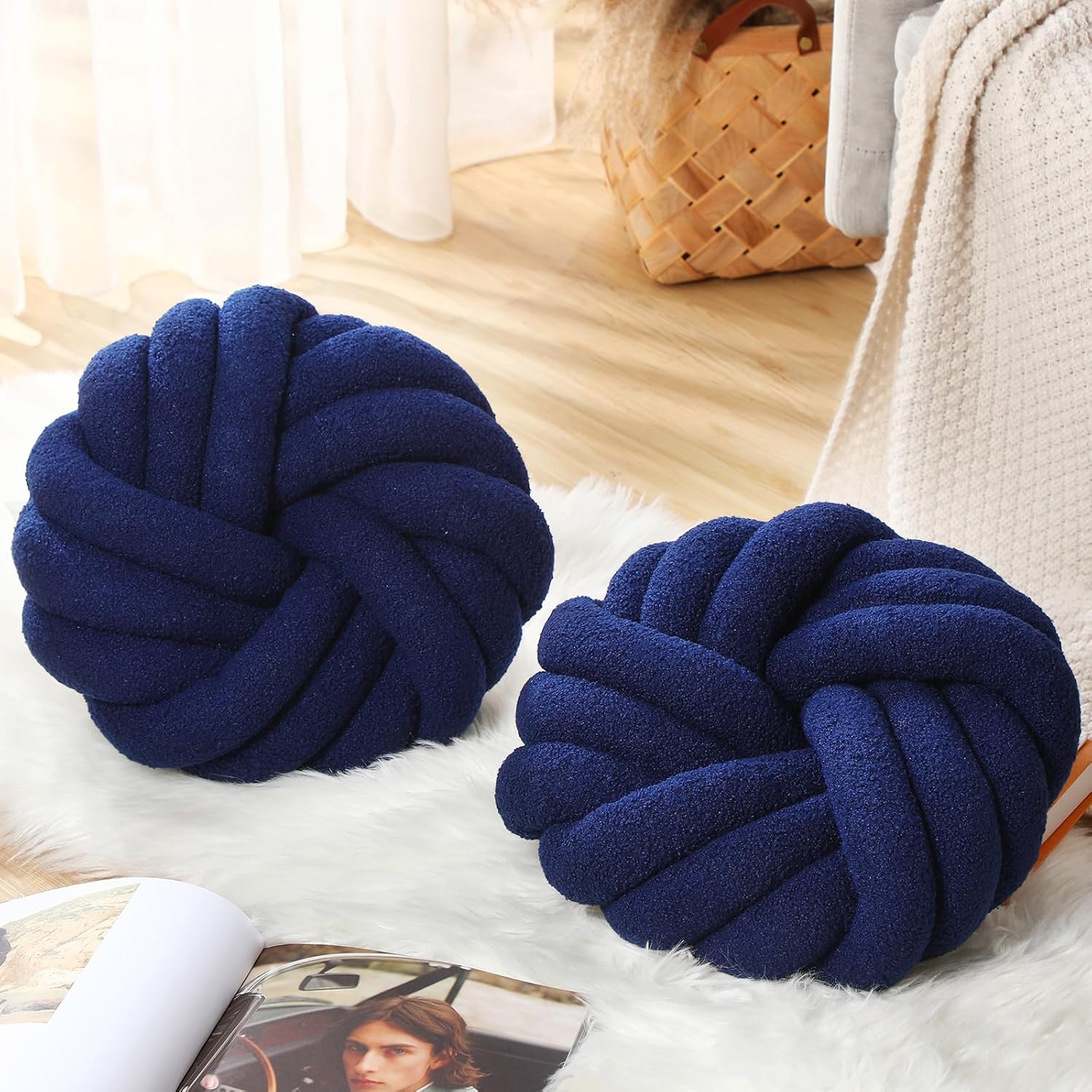 2 almohadas de nudo de 14 x 14 pulgadas, almohada decorativa para sofá y dormitorio, almohada de felpa con nudo, cojín suave hecho a mano para silla