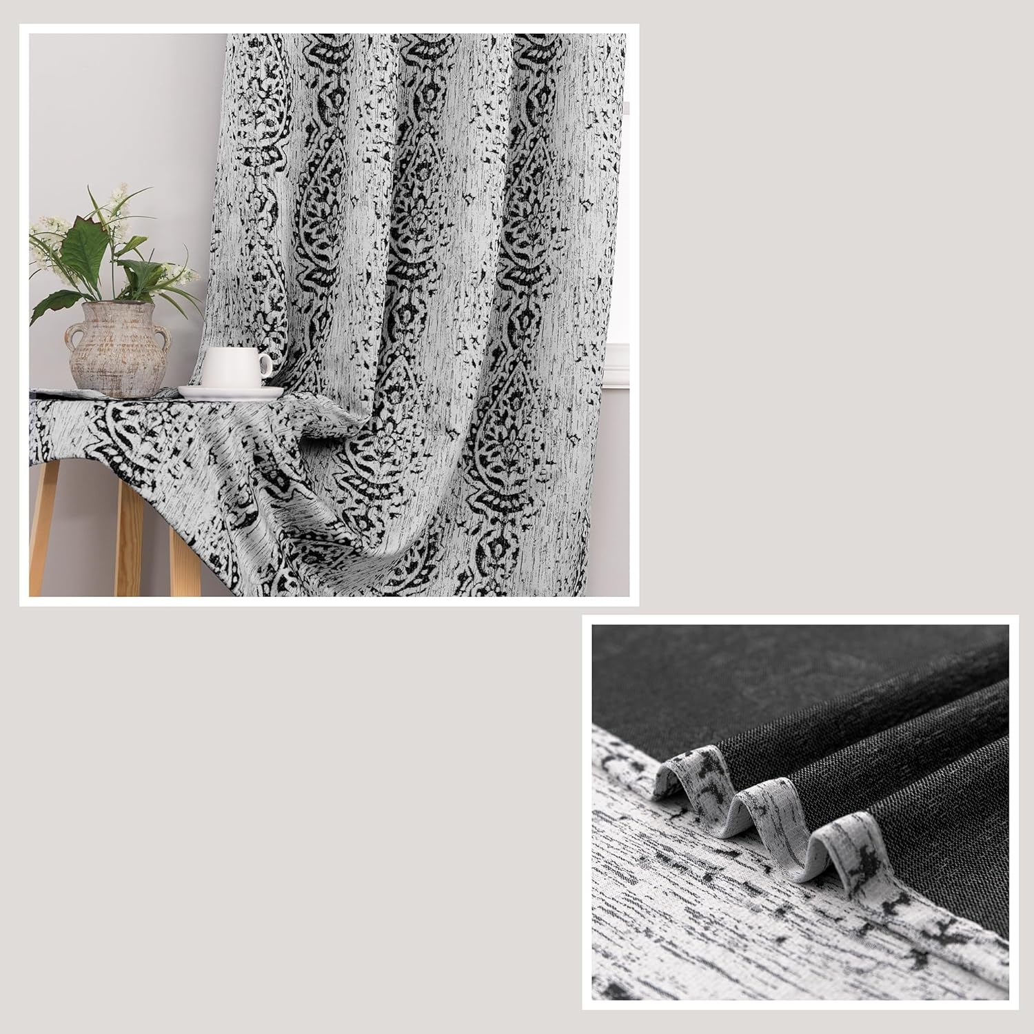 Mrs.Naturall Cortinas de sala de estar color crema negro y gris de 84 pulgadas de largo, con patrón de damasco con bloqueo de luz oscura,