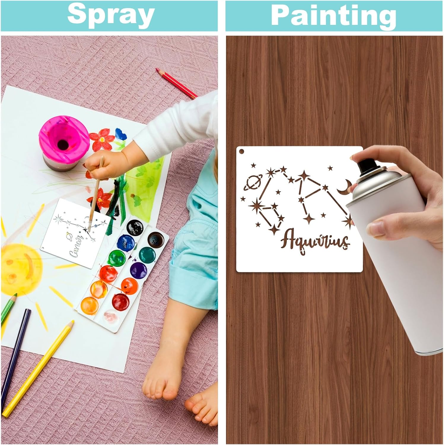16 plantillas de estrellas para pintar, plantillas de constelaciones reutilizables de 5.1 pulgadas, plantilla rectangular de pintura en aerosol para