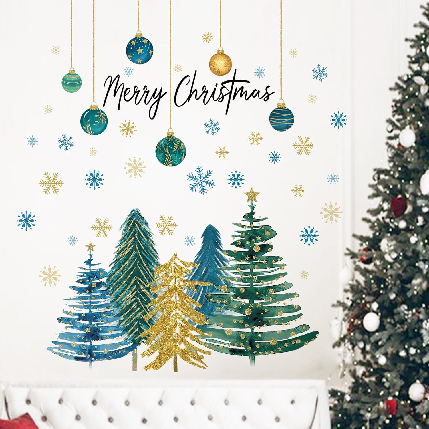 Yovkky Calcomanías de pared con diseño de árbol de Navidad, bola de Navidad de Año Nuevo, copo de nieve, estrella, decoración de dormitorio,