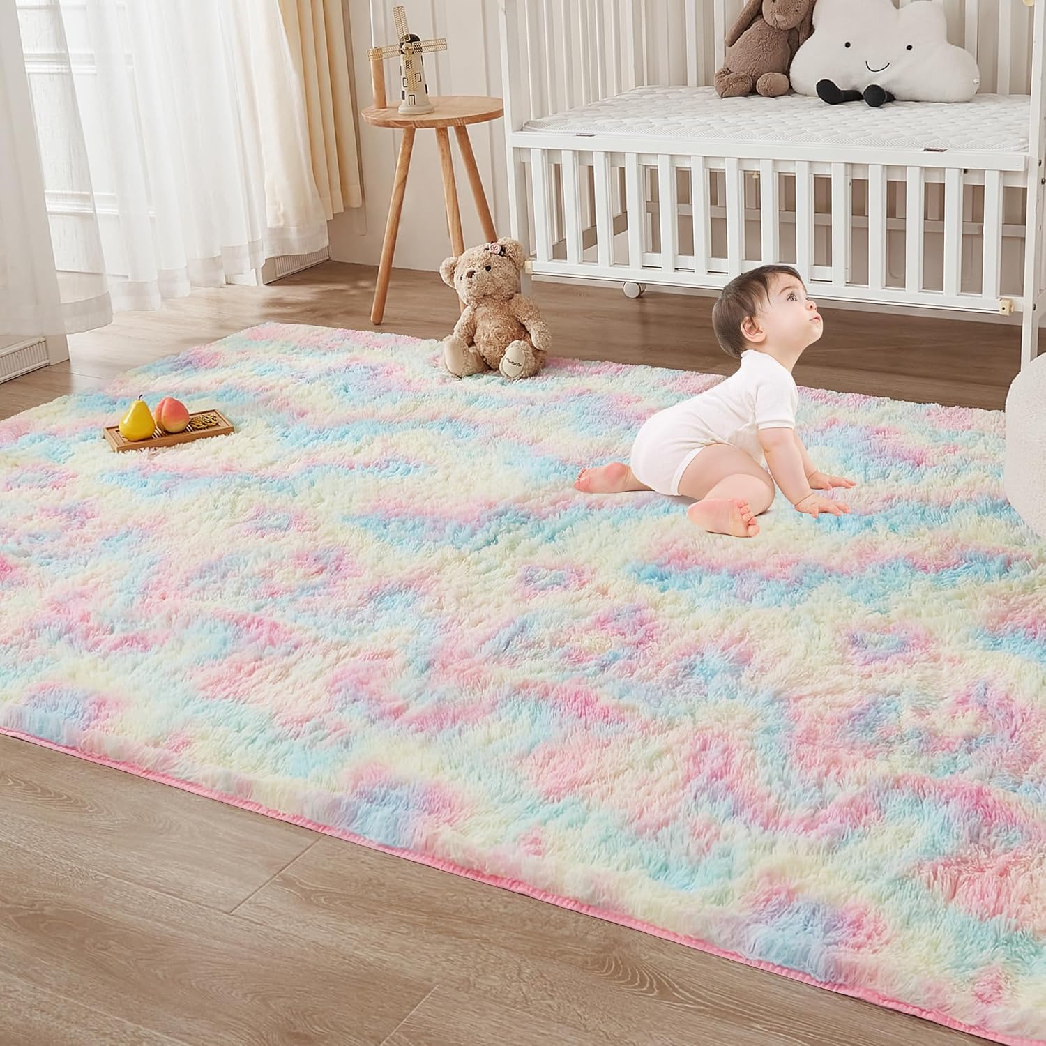 Andency Alfombra grande de color arcoíris para niñas, sala de estar, 6 x 9 pies, acogedora, esponjosa, suave, antideslizante, duradera, rectangular,