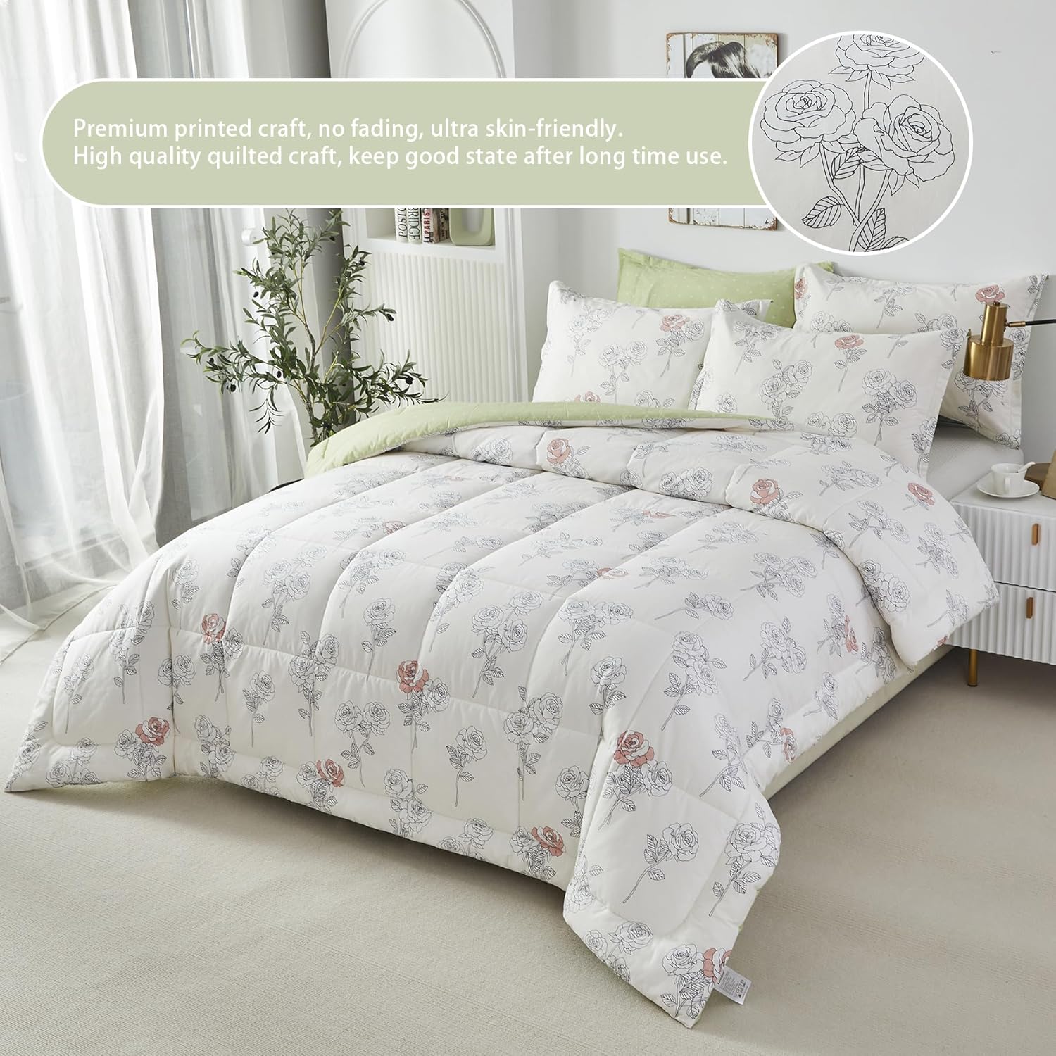 Lemfux Juego de edredón de 3 piezas, 100 % algodón, estampado floral, elegante, blanco, verde, reversible, con plumón alternativo, edredón ligero