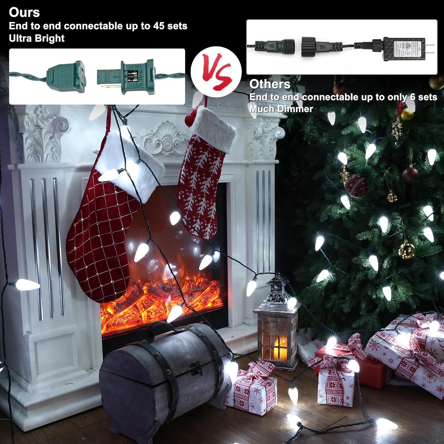 Brizled Luces de Navidad C9 blancas, 33 pies, 50 luces LED facetadas para exteriores, luces de árbol de Navidad conectables, luces de Navidad para