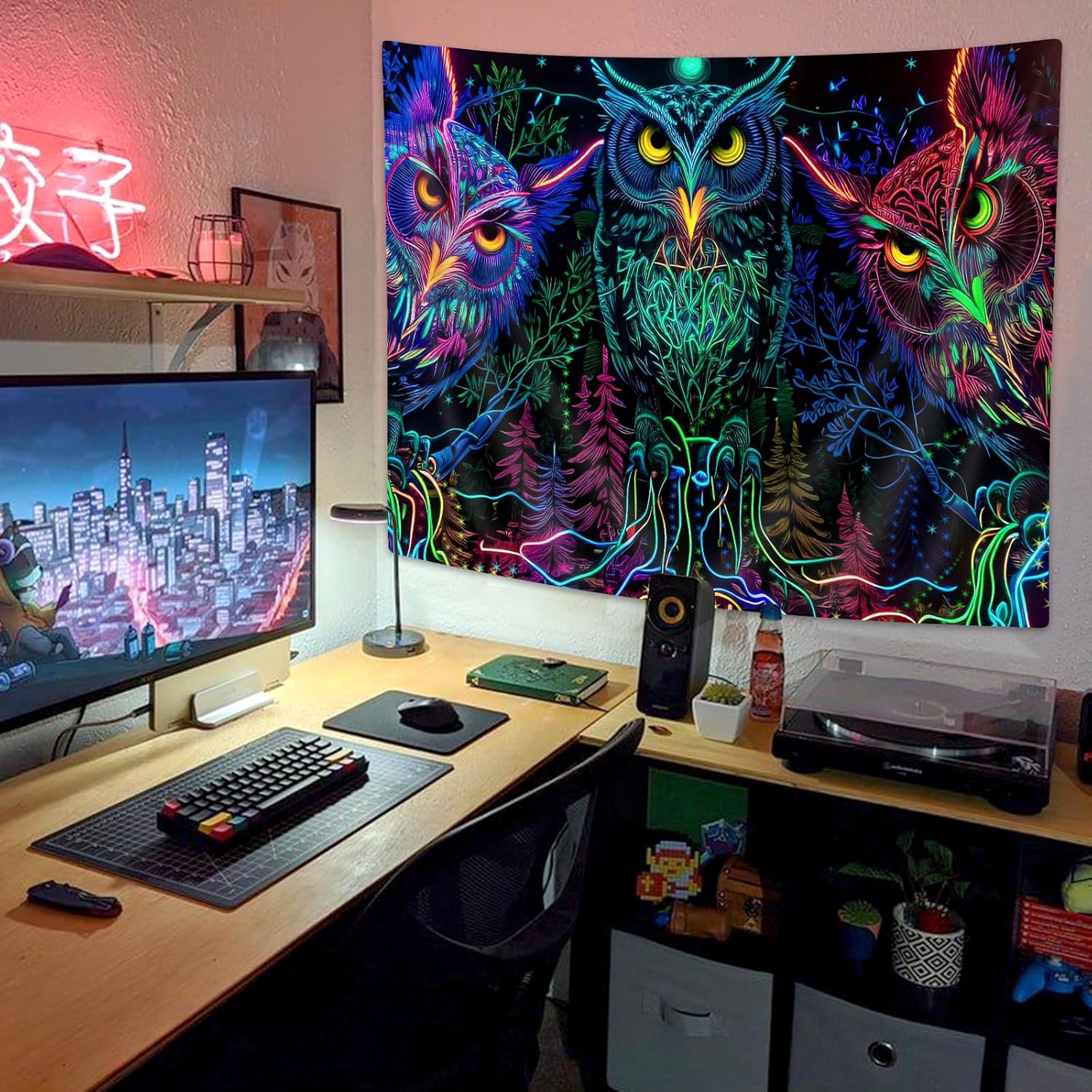 JAWO Tapiz psicodélico de búho, diseño de línea de bosque trippy, tapiz para colgar en la pared para dormitorio, luna, animal, pájaro, luz negra,