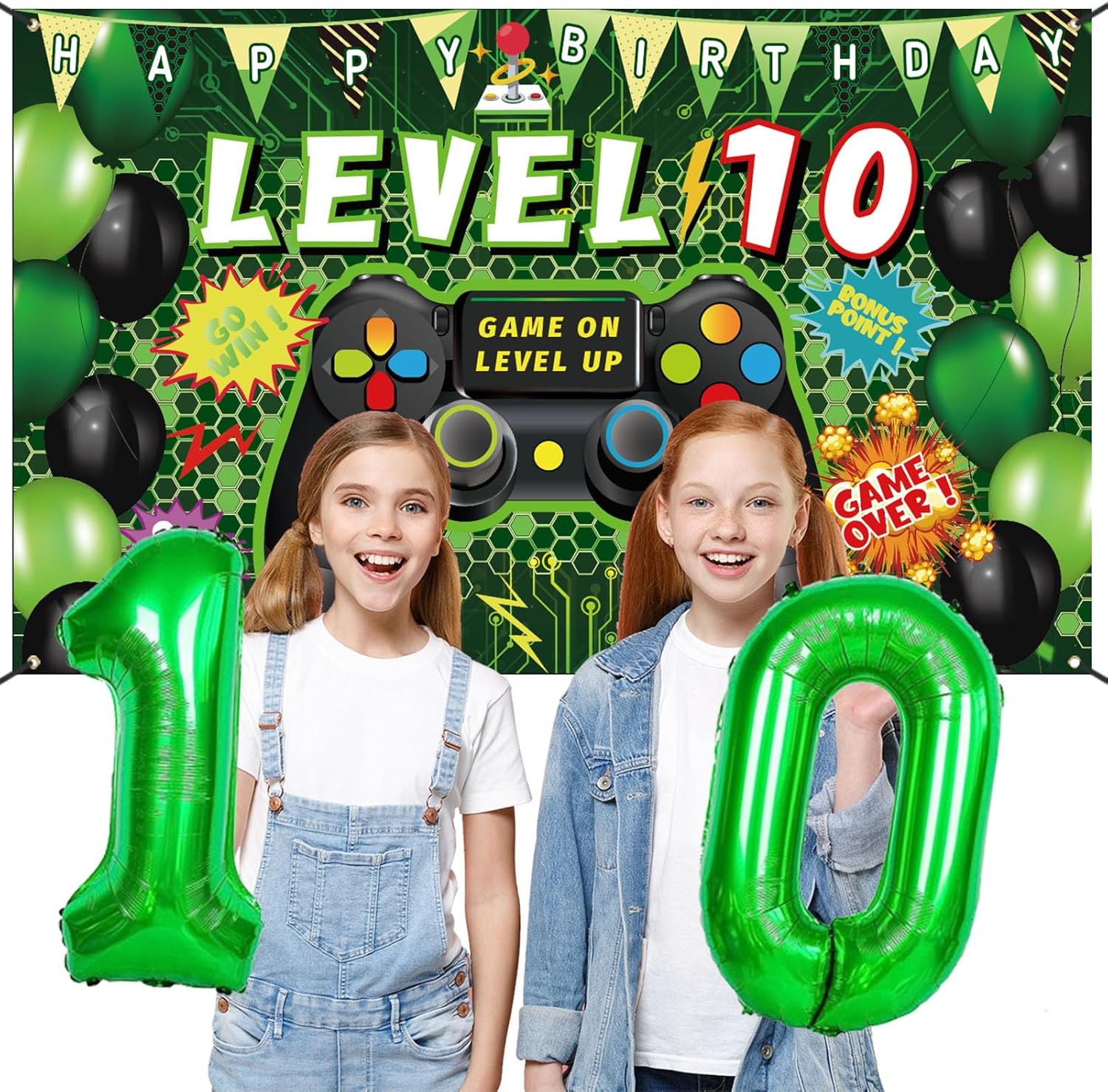 Vlipoeasn Juego de 90 decoraciones de fiesta de videojuegos de cumpleaños número 10 para niños, suministros verdes de 10 cumpleaños, telón de fondo