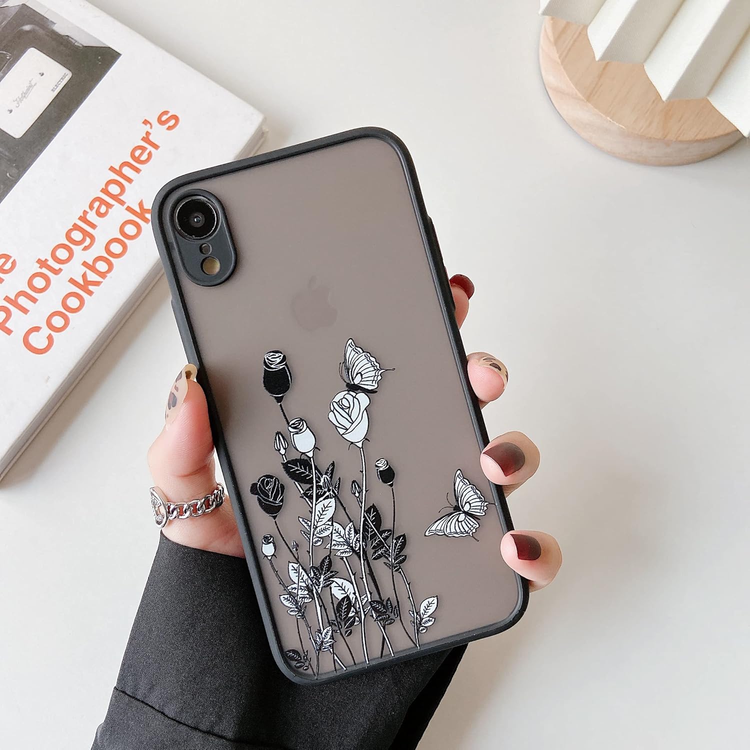 ZTOFERA Funda protectora compatible con iPhone XR, antiarañazos, transparente, negro, floral, rosa, a prueba de golpes, ligera, para iPhone XR, 6.1